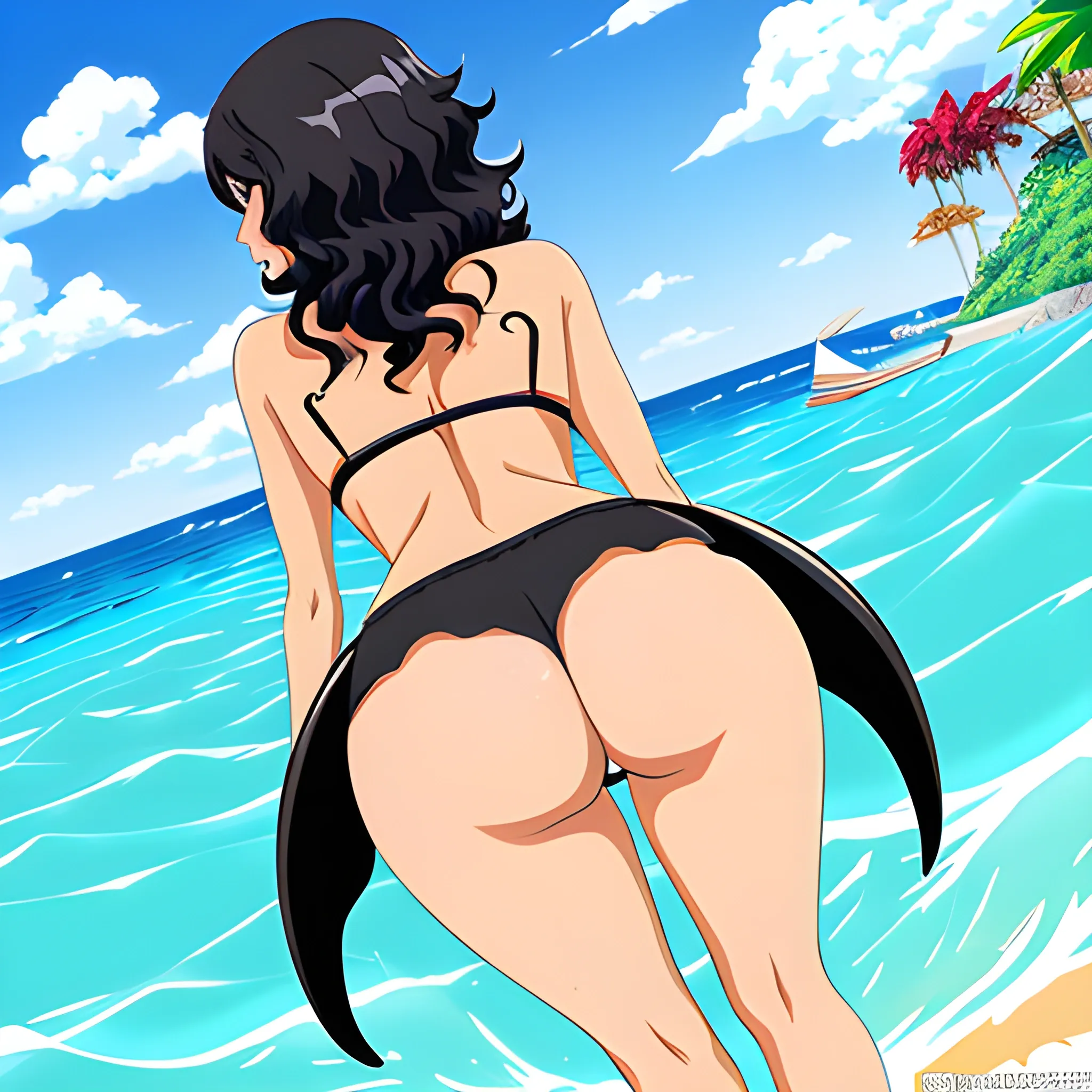 Anime,beach,rear view,cute girl, tanned skin, black curly hair, black bra, black panties,cartoon,hand under big butt, , Cartoon,big breast, in water, shark fin in water