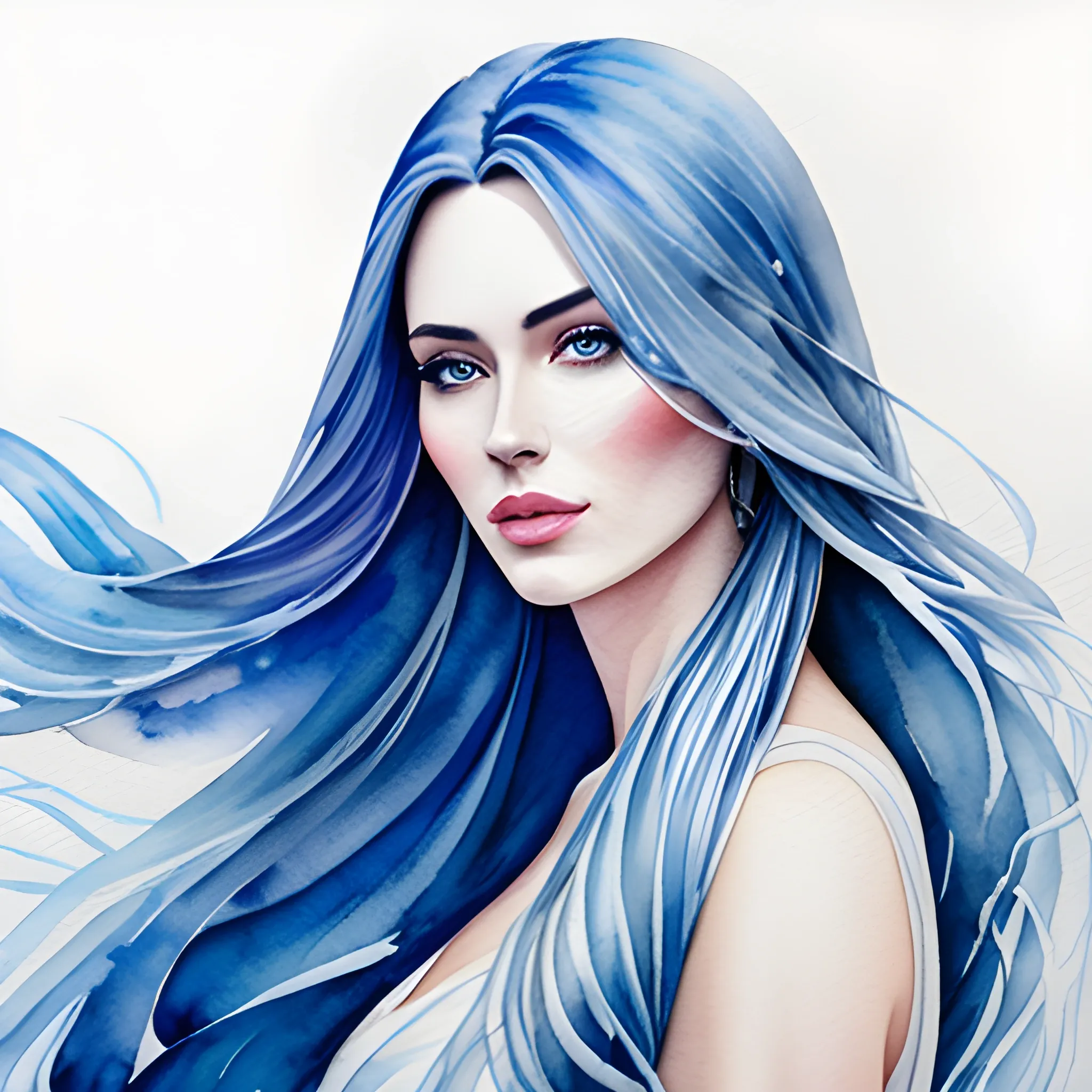 Beautiful modern girl, blue and white, long hair, portrait, hyper realistic watercolor painting, high definition