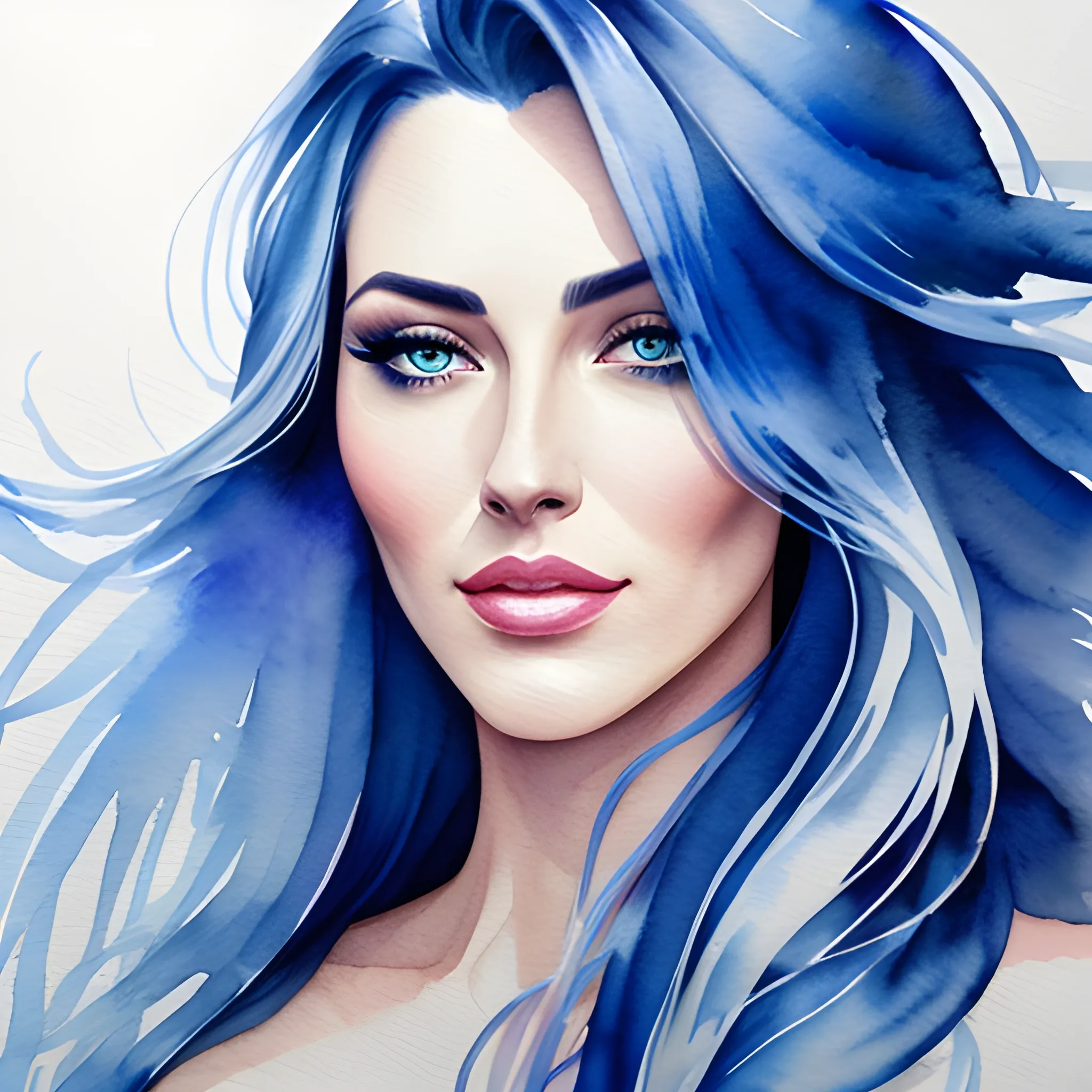 Beautiful modern girl, blue and white, long hair, portrait, hyper realistic watercolor painting, high definition