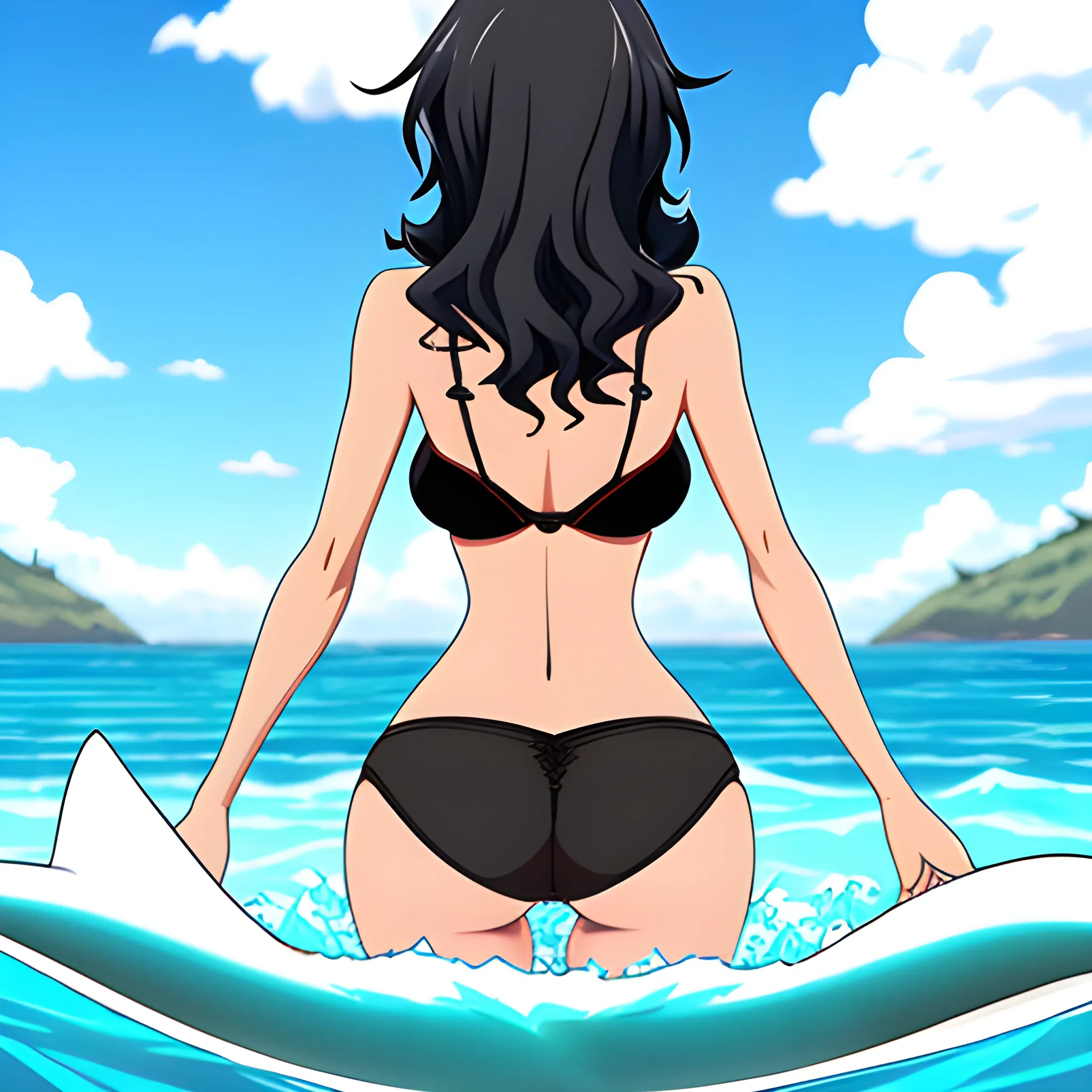 Anime,beach,rear view,cute girl, tannedskin, black curly hair, b... -  Arthub.ai