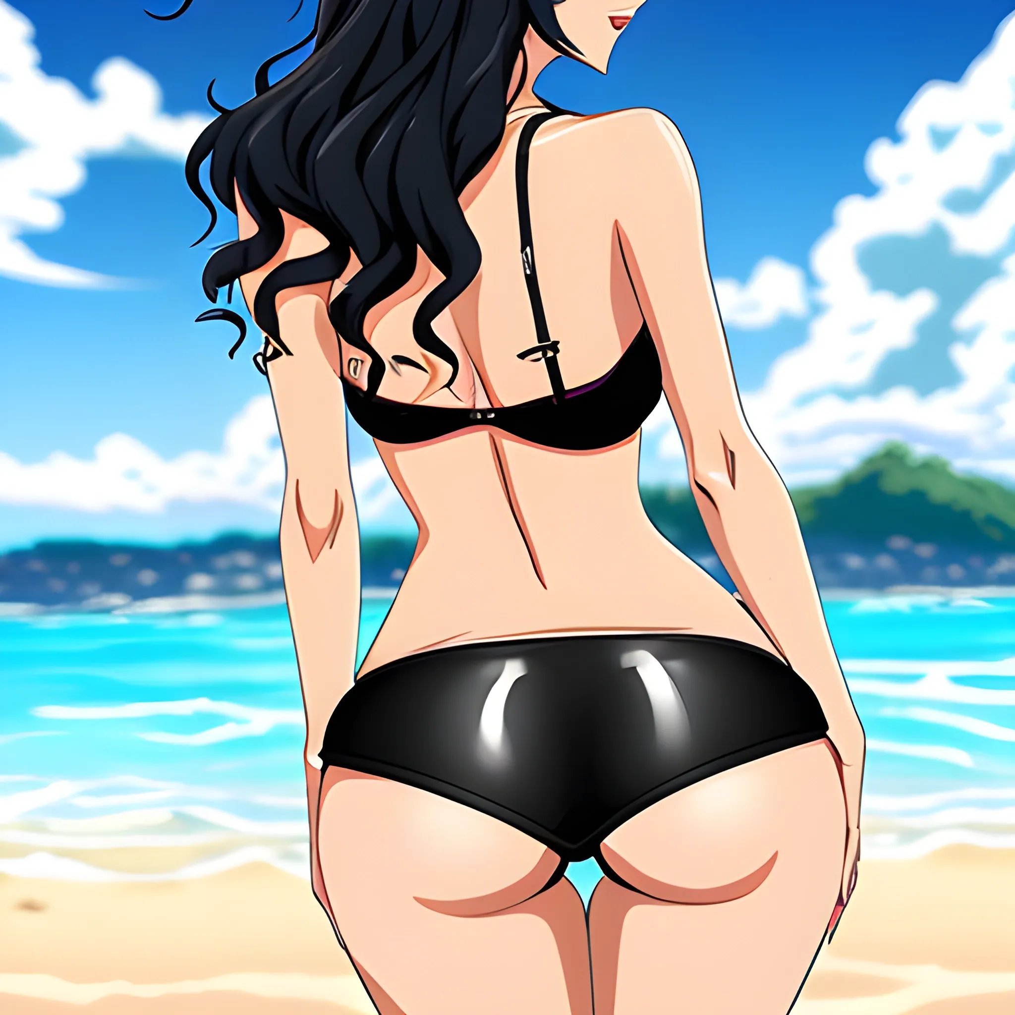 Anime,beach,rear view,two cute girls, tannedskin, black curly hair, black bra, black panties,cartoon,hand under big butt, , Cartoon,big breast, in water, shark fin in water