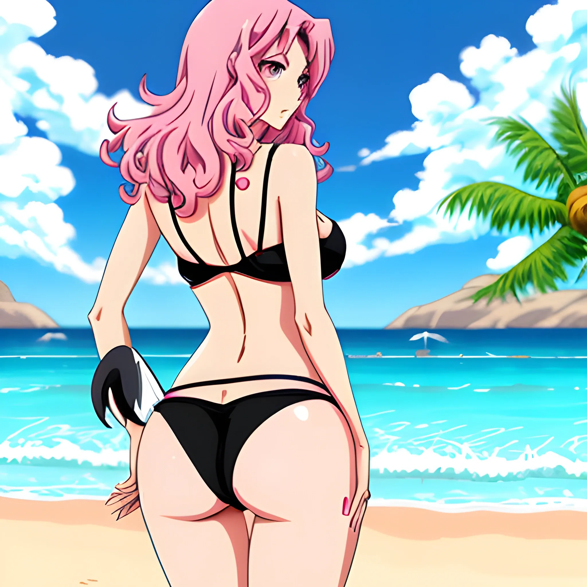 Anime,beach,rear view,cute girl,tannedskin,black curly hair,pink... -  Arthub.ai