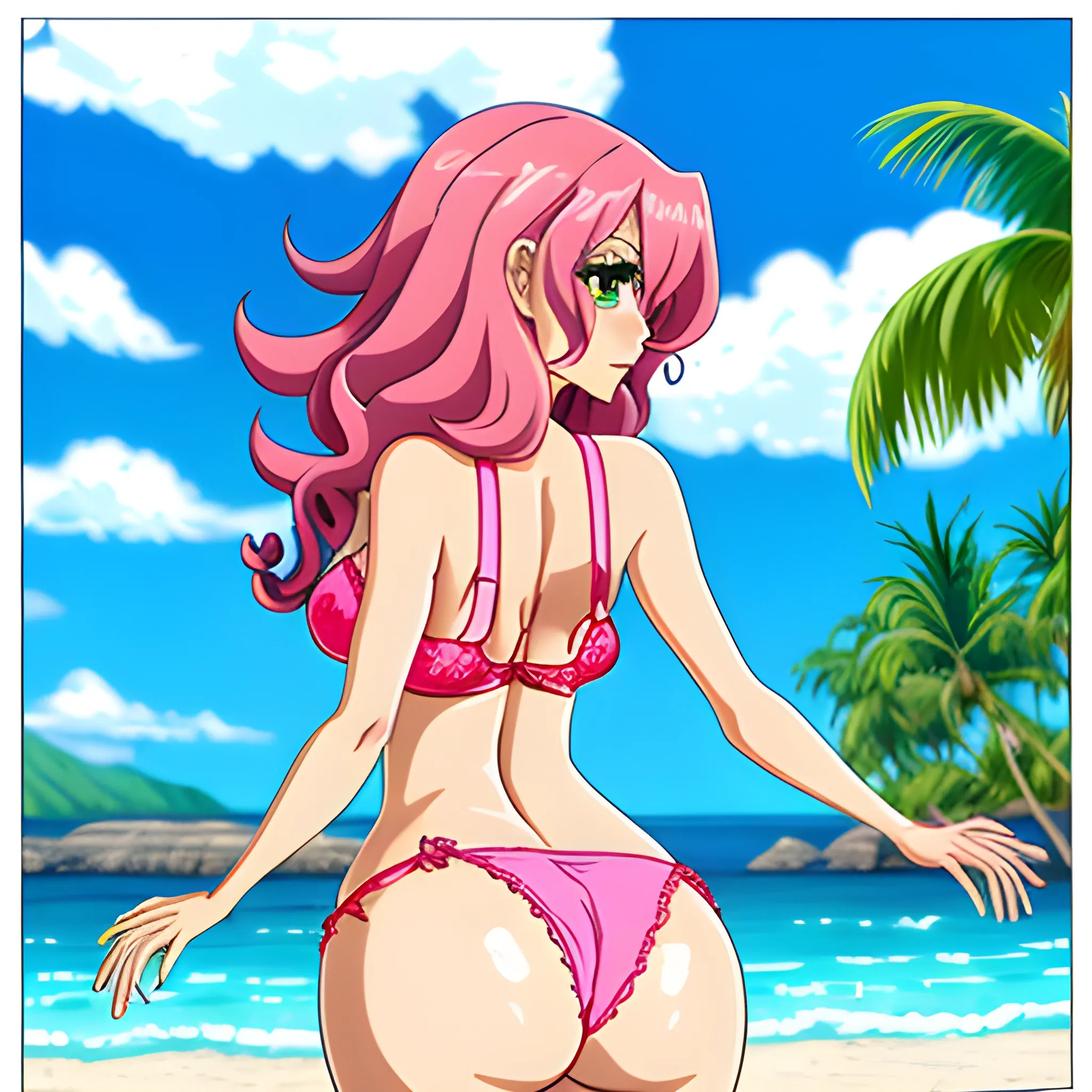 Anime,beach,rear view,cute girl,tannedskin,black curly hair,pink bra,pinkpanties,cartoon,hand under big butt, , Cartoon,big breast, in water, shark fin