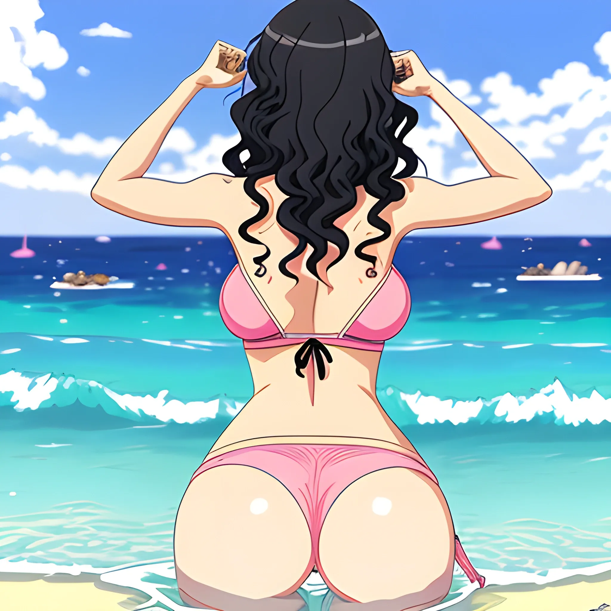 Anime,beach,rear view,cute girl,tannedskin,black curly hair,pink bra,pinkpanties,cartoon,hand under big butt, , Cartoon,big breast, in water, shark fin
