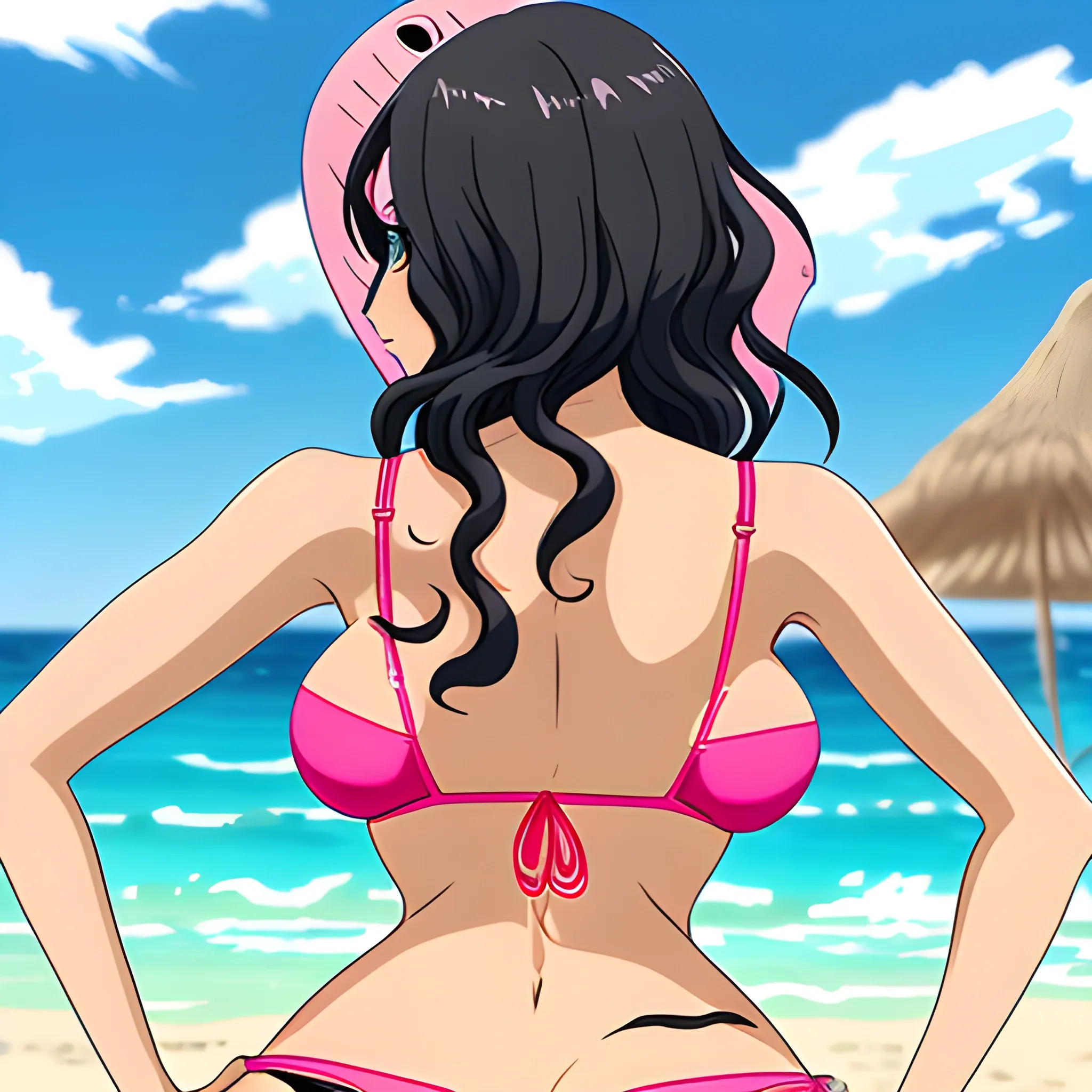 Anime,beach,rear view,cute girl,tannedskin,black curly hair,pink bra,pinkpanties,cartoon,hand under big butt, , Cartoon,big breast, in water, shark fin