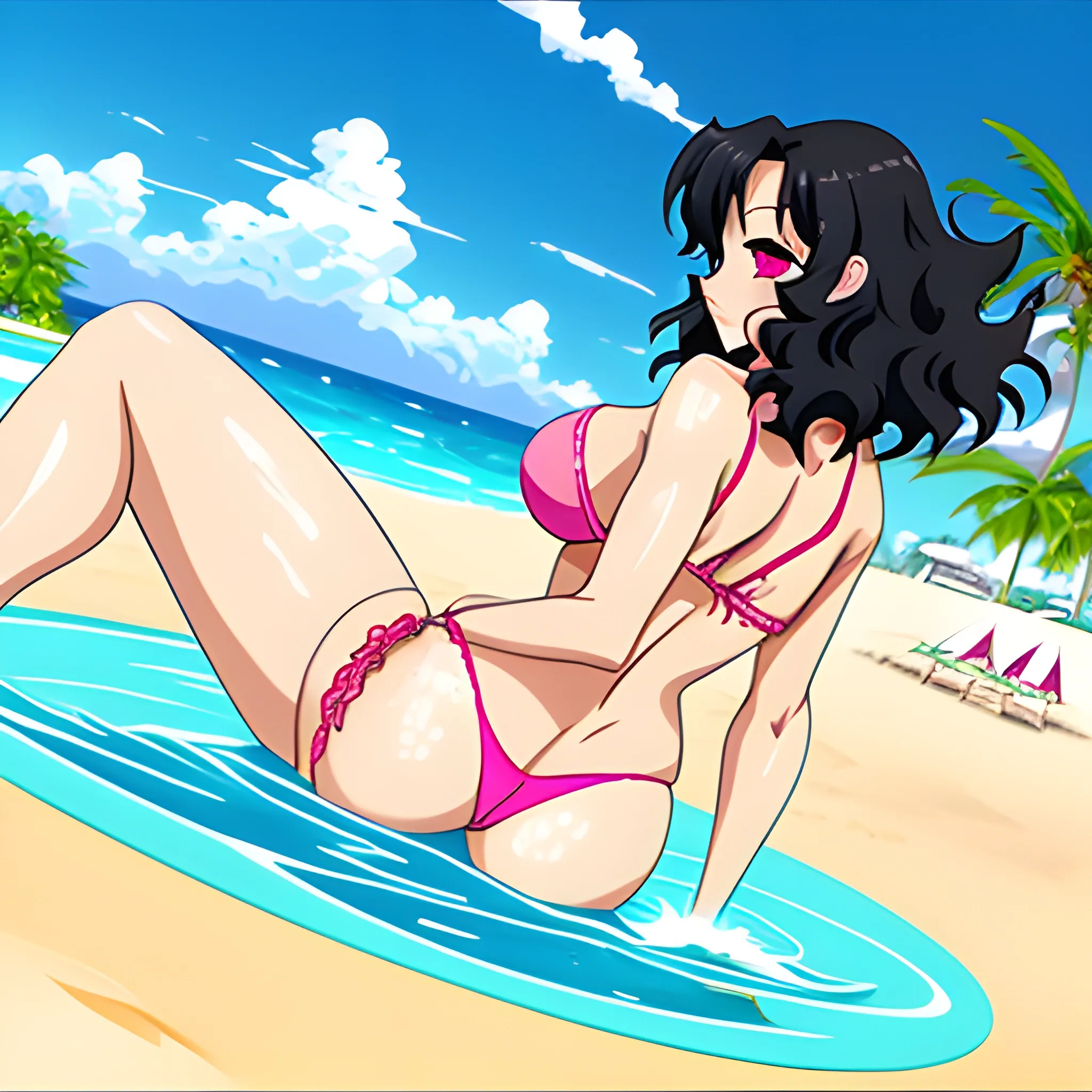 Anime,beach,rear view,cute girl,tannedskin,black curly hair,pink bra,pinkpanties,cartoon,hand under big butt, , Cartoon,big breast, in water, shark fin