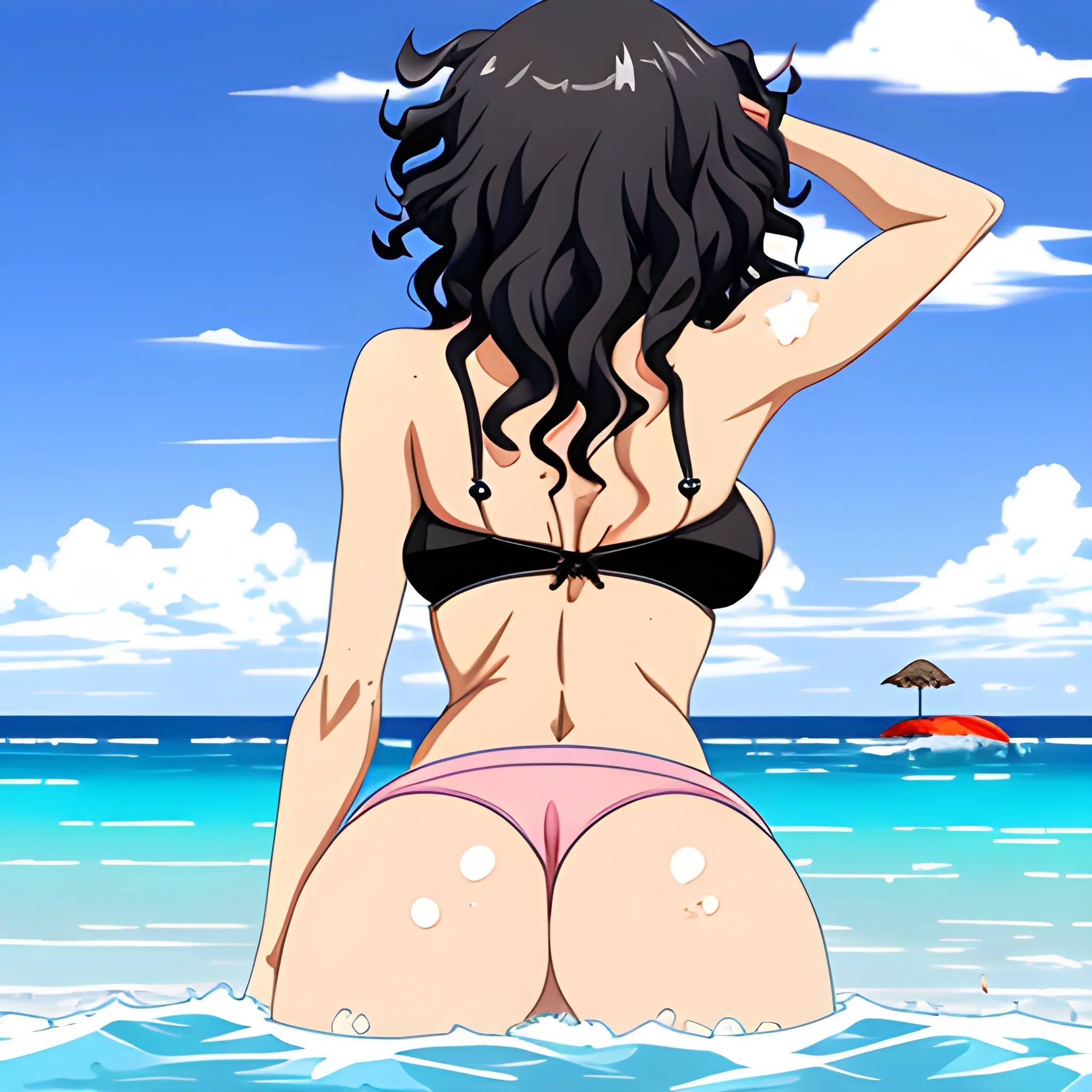 Anime,beach,rear view,cute girl,tannedskin,black curly hair,pink bra,pinkpanties,cartoon,hand under big butt, , Cartoon,big breast, in water, shark fin