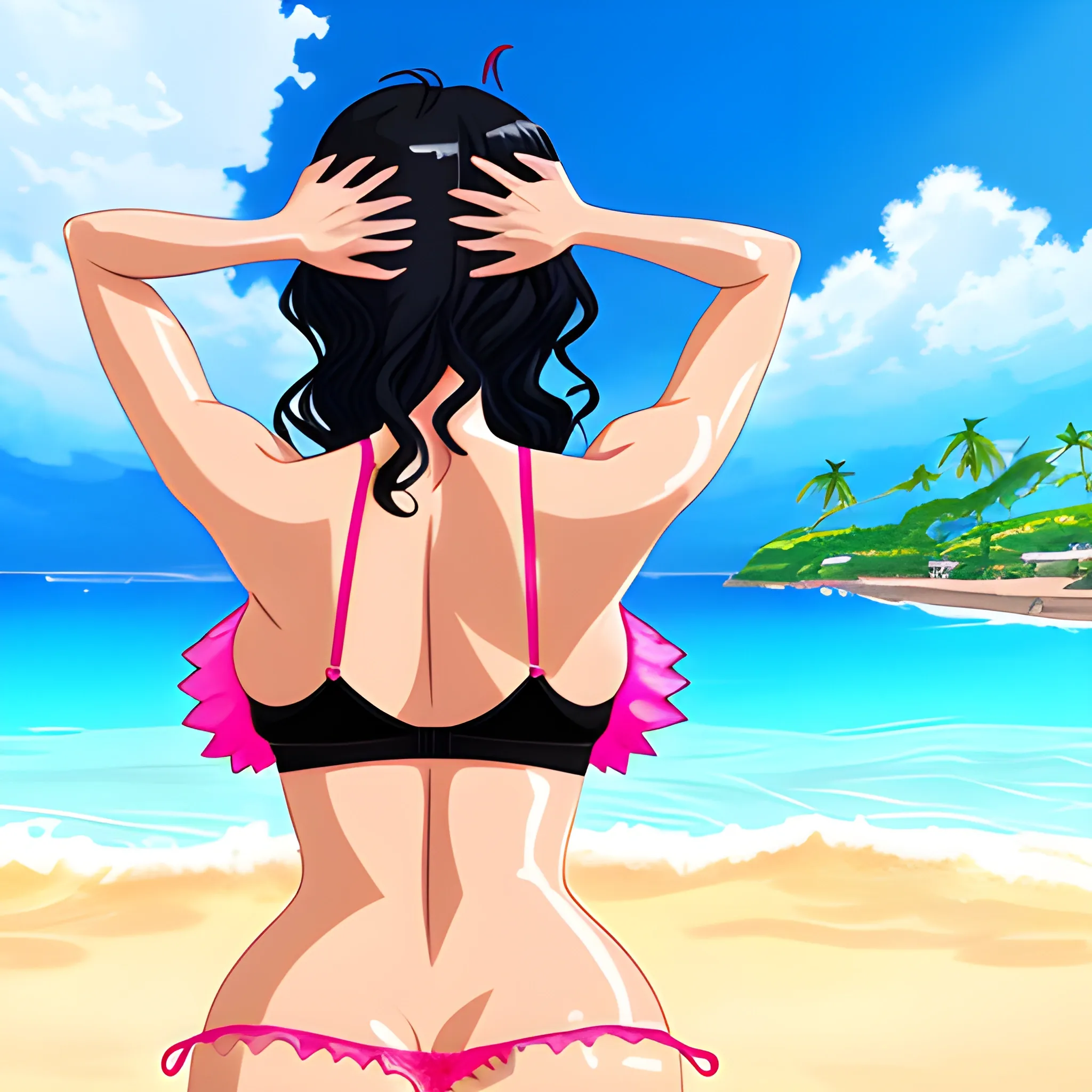 Anime,beach,rear view,cute girl,tannedskin,black curly hair,pink bra,pinkpanties,cartoon,hand under big butt, , Cartoon,big breast, in water, shark fin