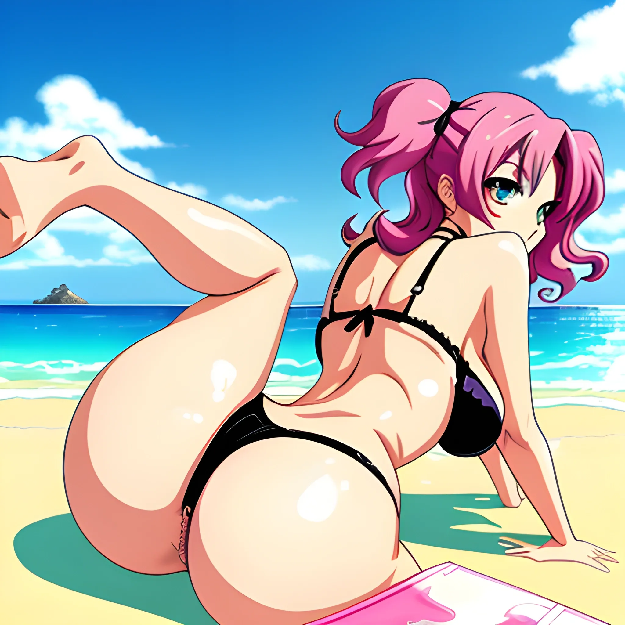 Anime,beach,rear view,cute girl,tannedskin,black curly hair,pink bra,pinkpanties,cartoon,hand under big butt, , Cartoon,big breast, in water, shark fin