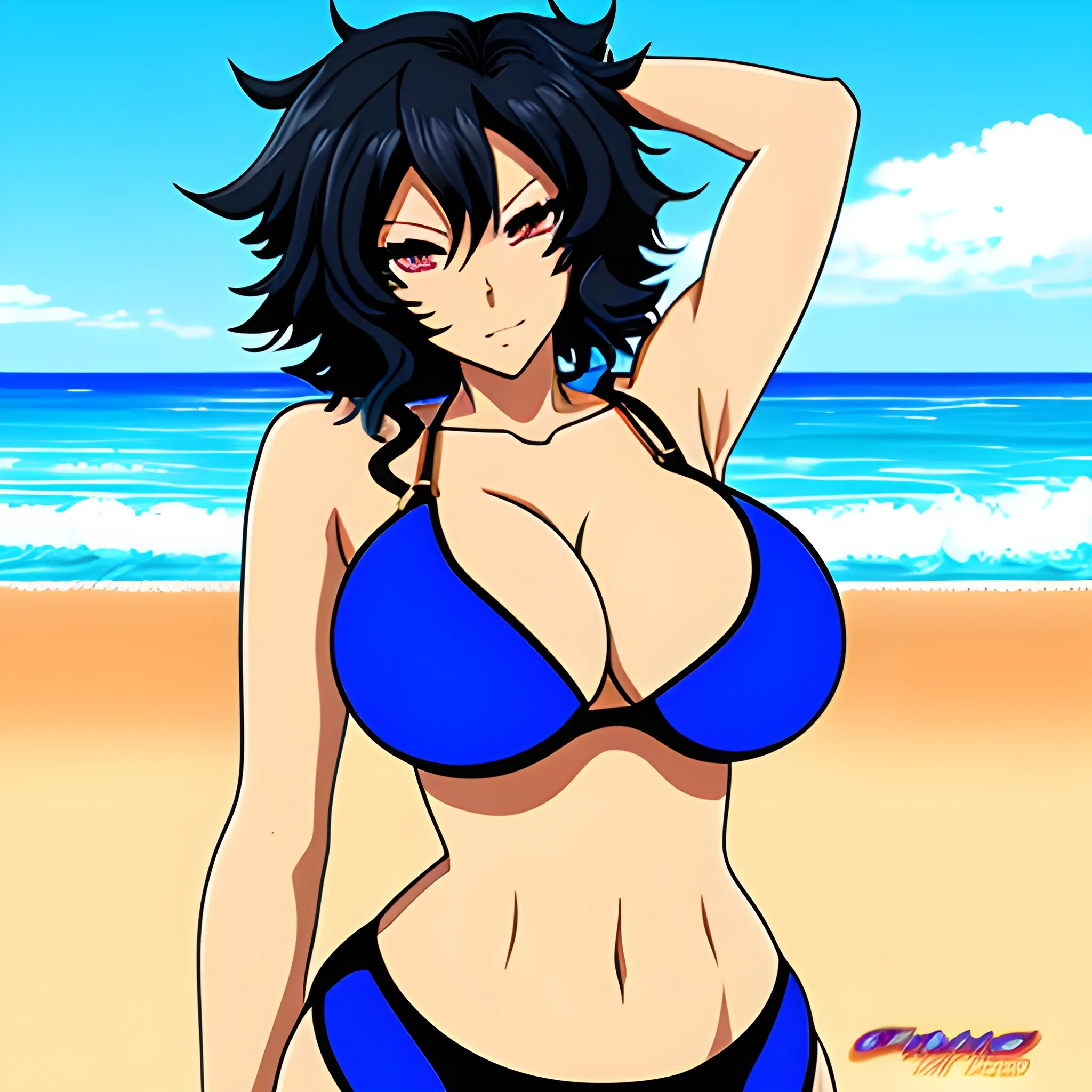 Anime,beach,rear view, blackskin,cute girl,black curly hair,blue bra, blue panties,cartoon,hand under big butt, , Cartoon,big breast


