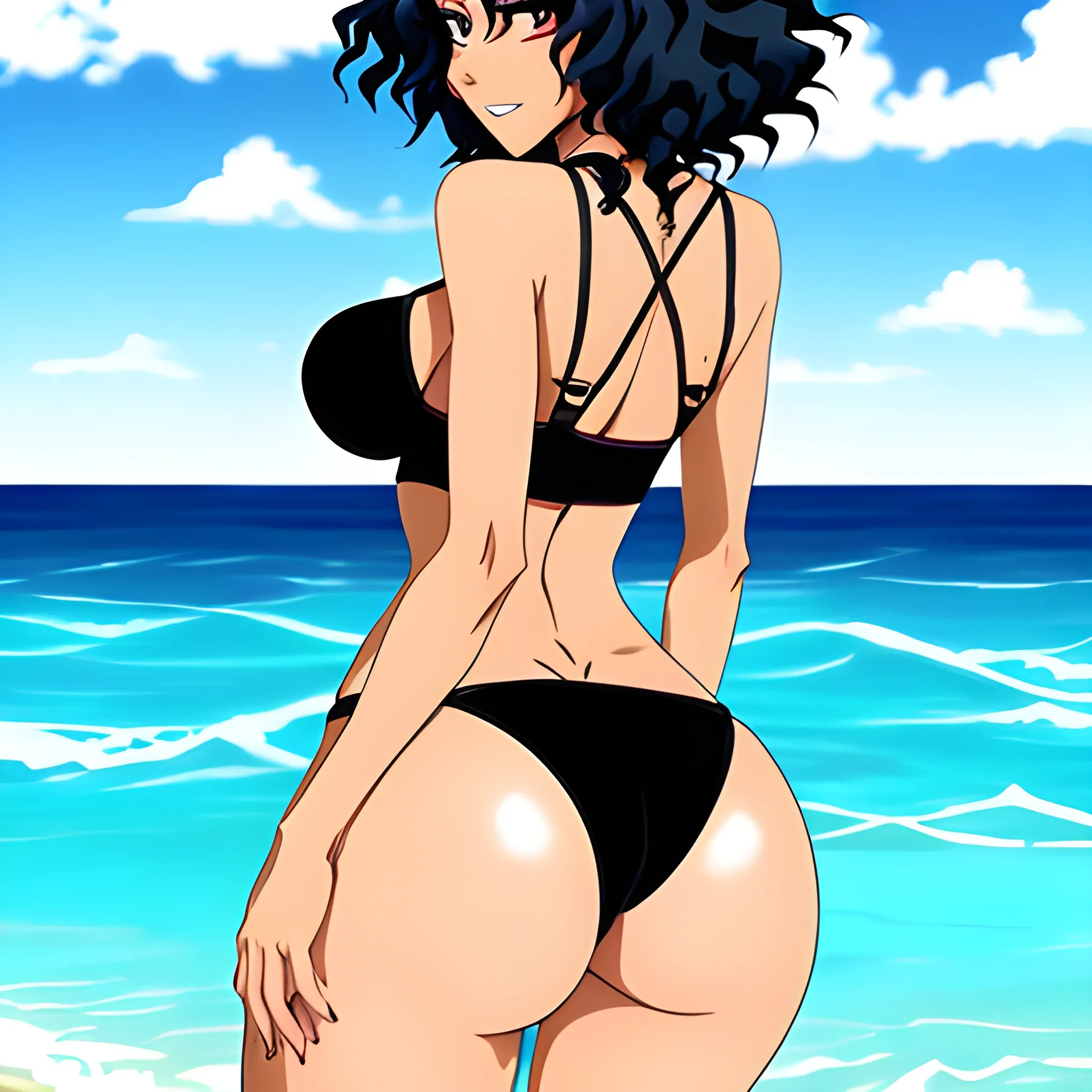 Anime,beach,rear view, blackskin,cute girl,black curly hair,blue bra, blue panties,cartoon,hand under big butt, , Cartoon,big breast, shark in water

