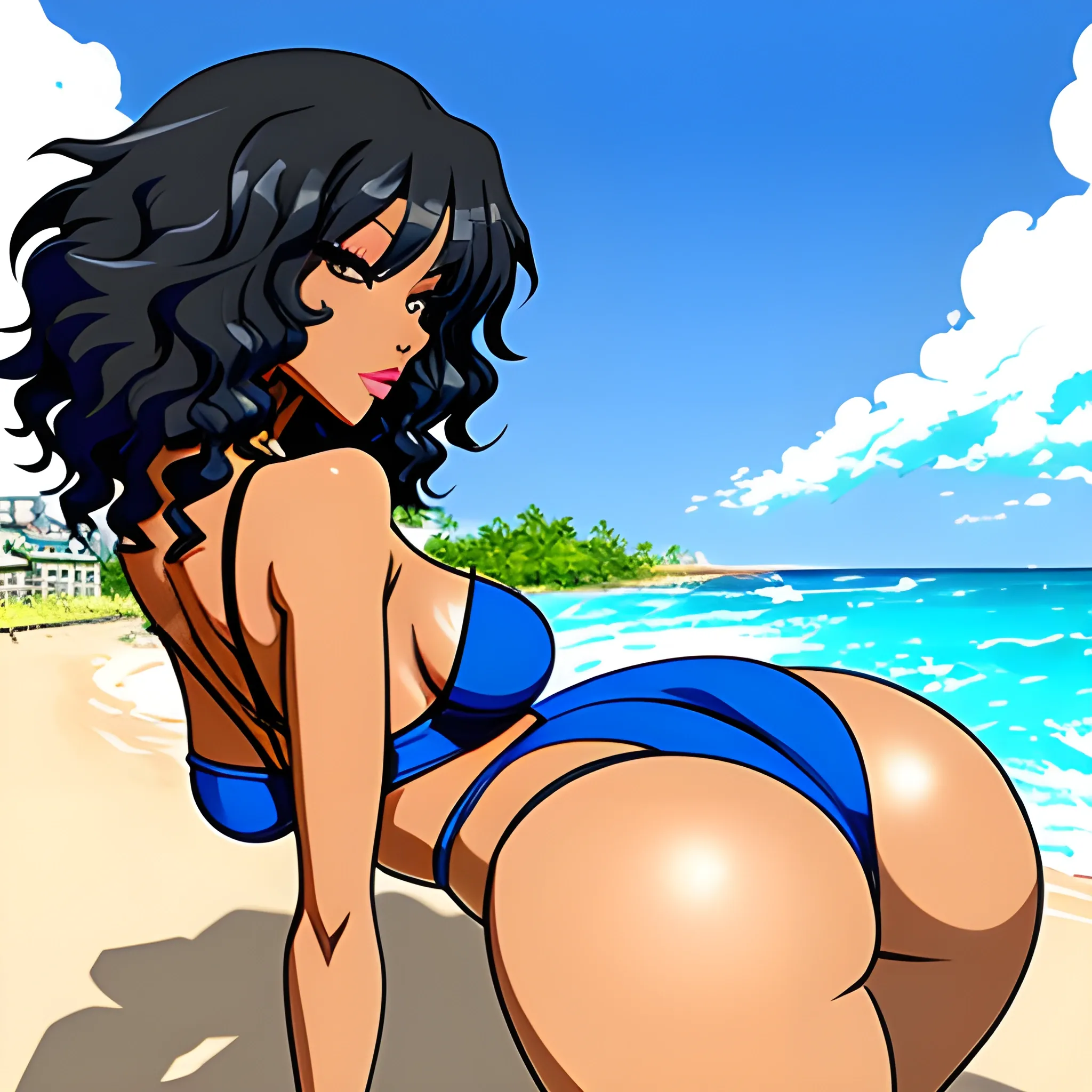 Anime,beach,rear view, blackskin,cute girl,black curly hair,blue bra, blue panties,cartoon,hand under, huge butt, , Cartoon,big breast

