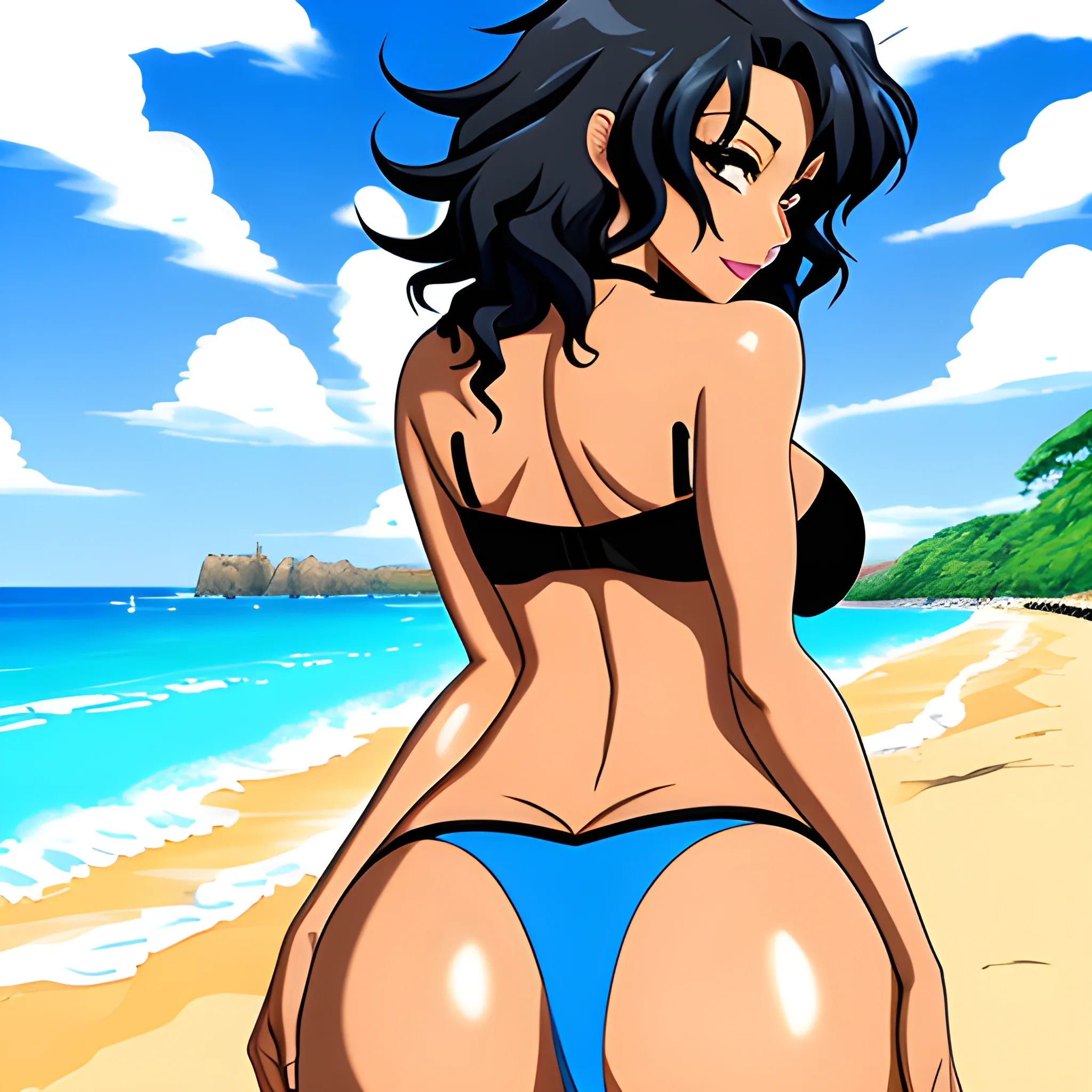Anime,beach,rear view, blackskin,cute girl,black curly hair,blue bra, blue panties,cartoon,hand under, huge butt, , Cartoon,big breast

