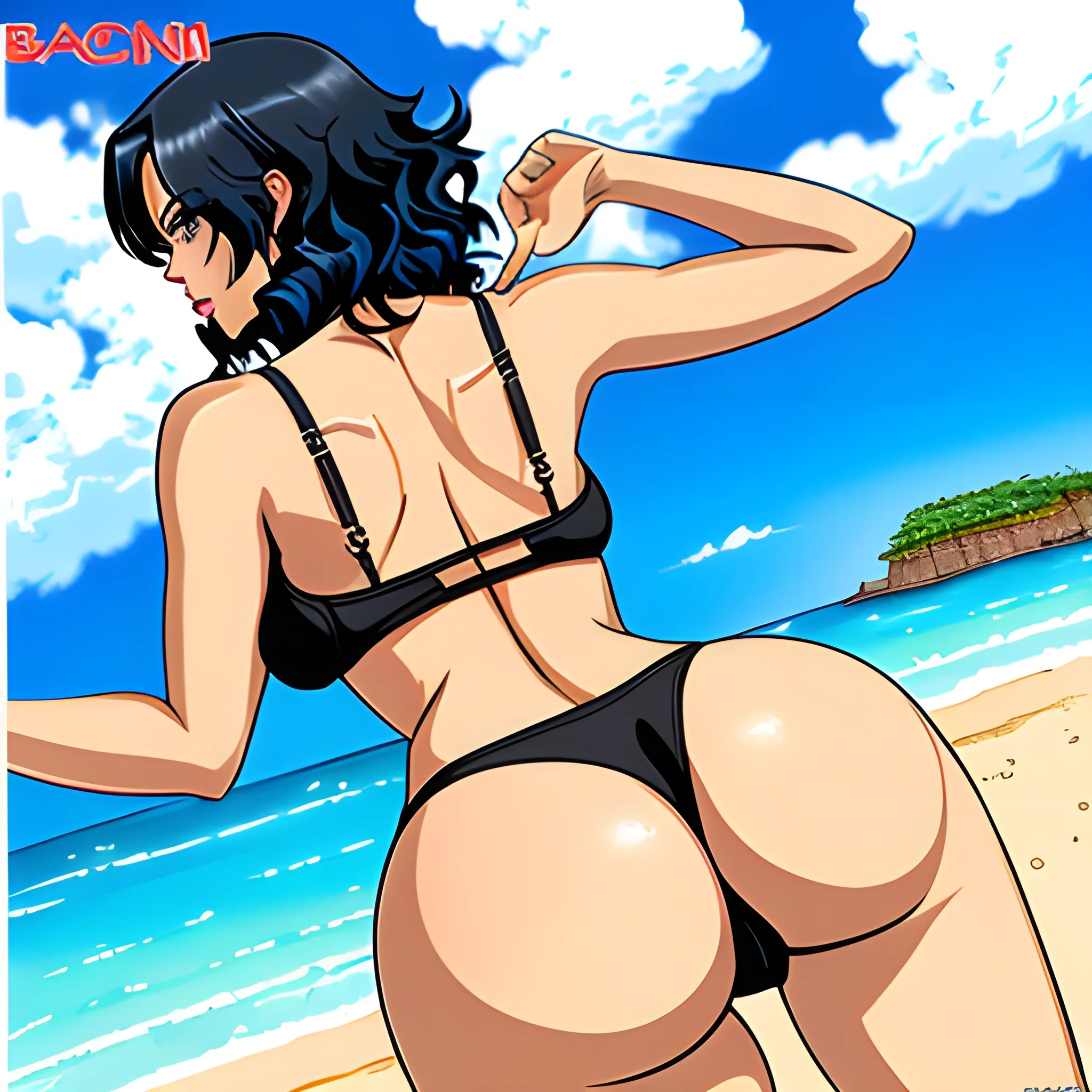 Anime,beach,rear view, blackskin,cute girl,black curly hair,blue bra, blue panties,cartoon,hand under, huge butt, , Cartoon,big breast

