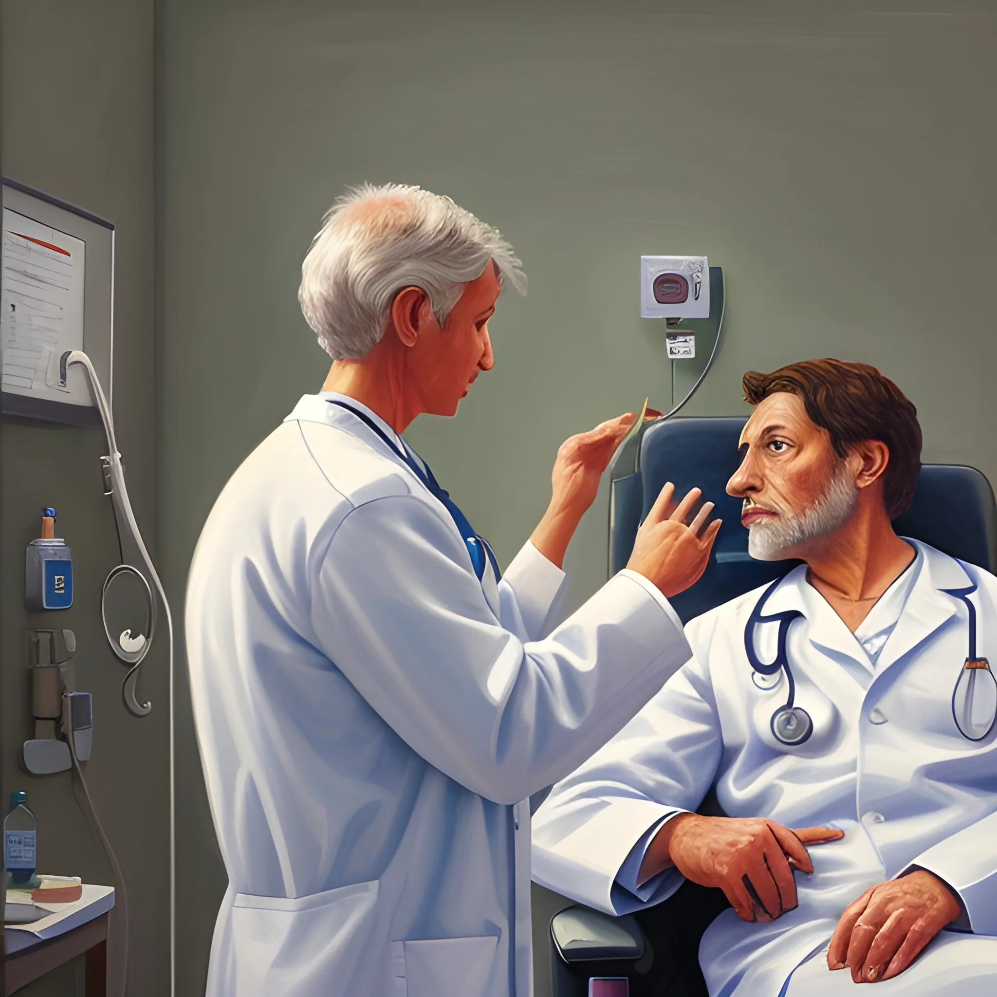 I need a digital illustration of a doctor checking another Doctor both on sick beds, Oil Painting