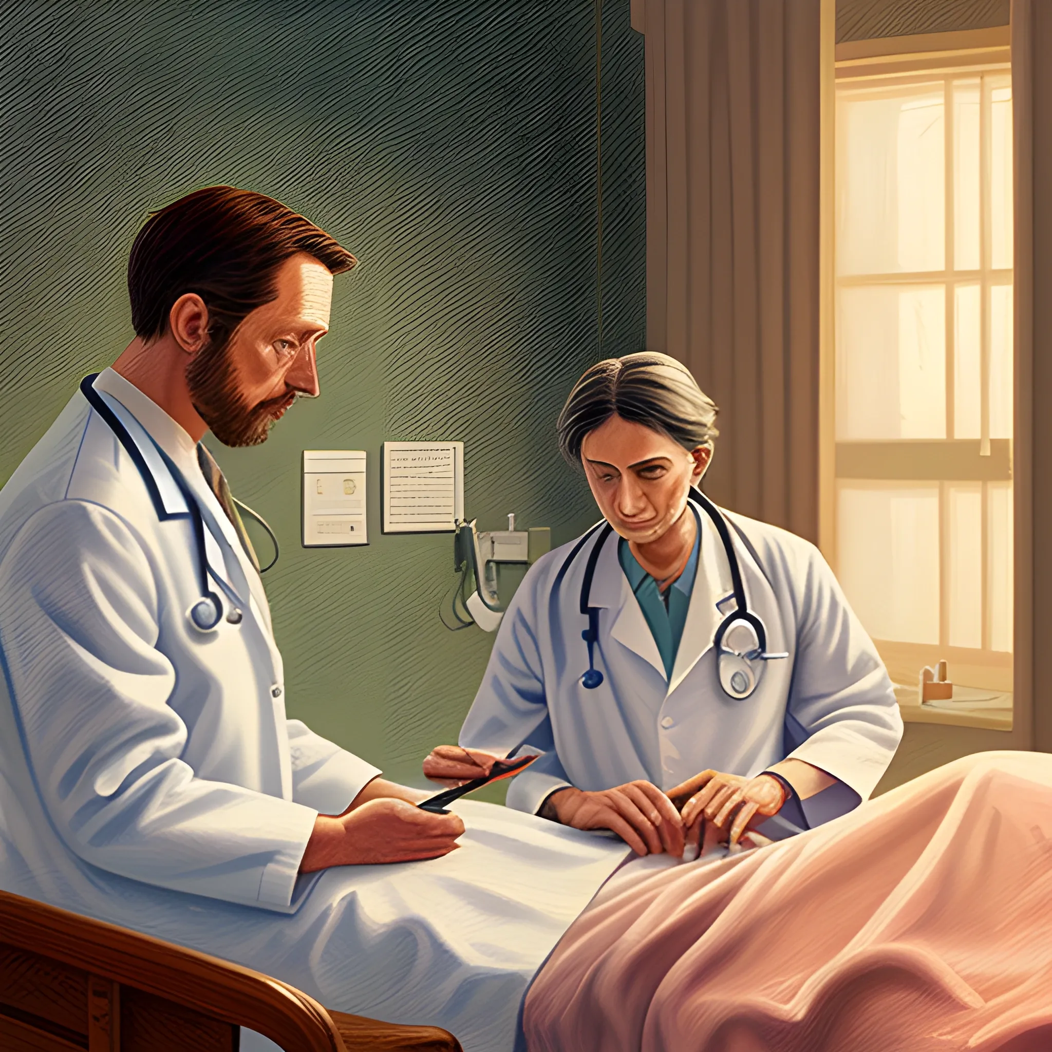 I need a digital illustration of a doctor checking another Doctor both on sick beds, Oil Painting