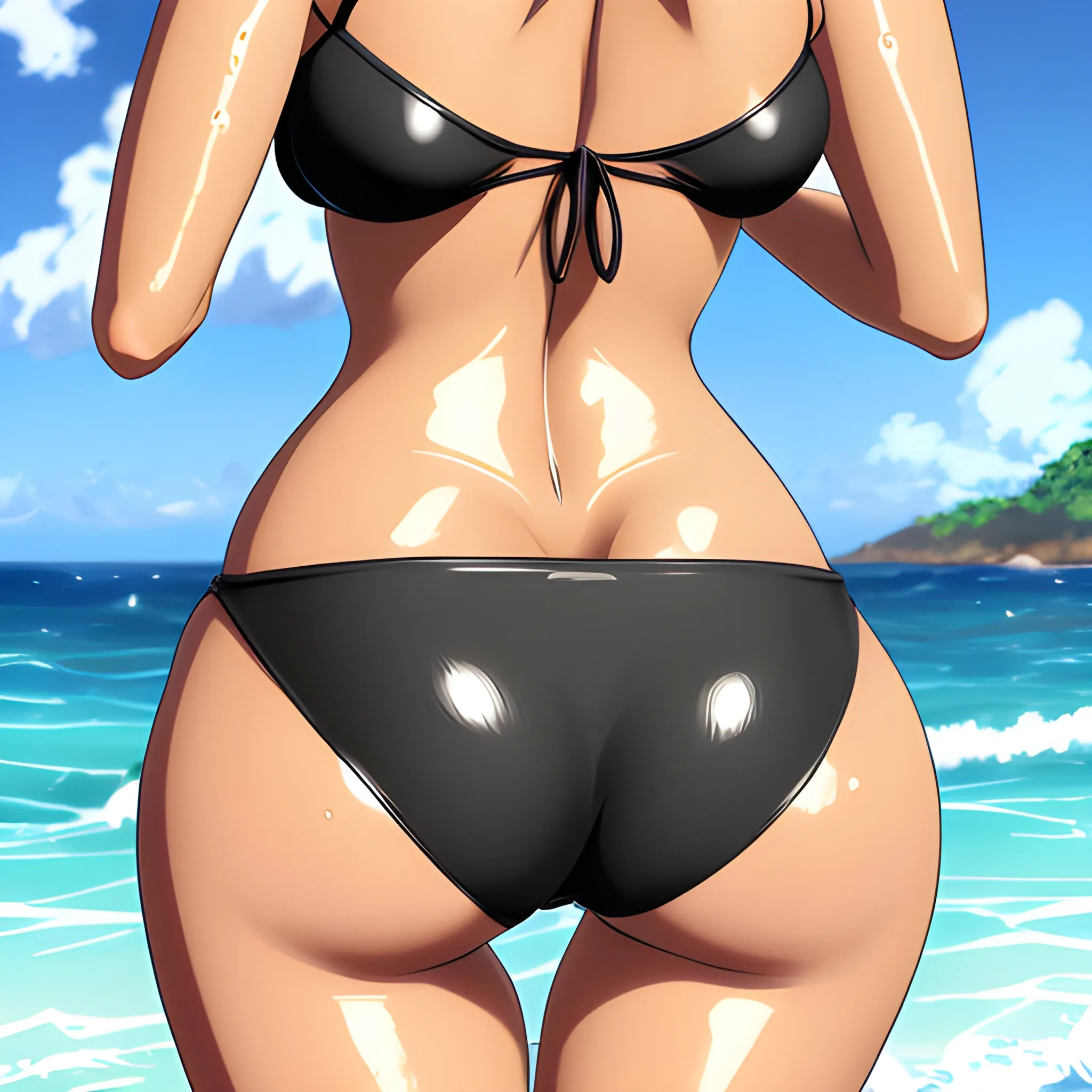 Anime,beach,rear view, blackskin,cute girl,black curly hair,cartoon,hand under big butt,black micro bikini, black choker, perfect face expressions, perfect anatomy, medium breasts, wide hips, thicc thighs, wet skin, beach, summer, bathing in the sea water, splashing water, extremely detailed CG, high detail, extremely detailed artwork, masterpiece artwork, shark in water

