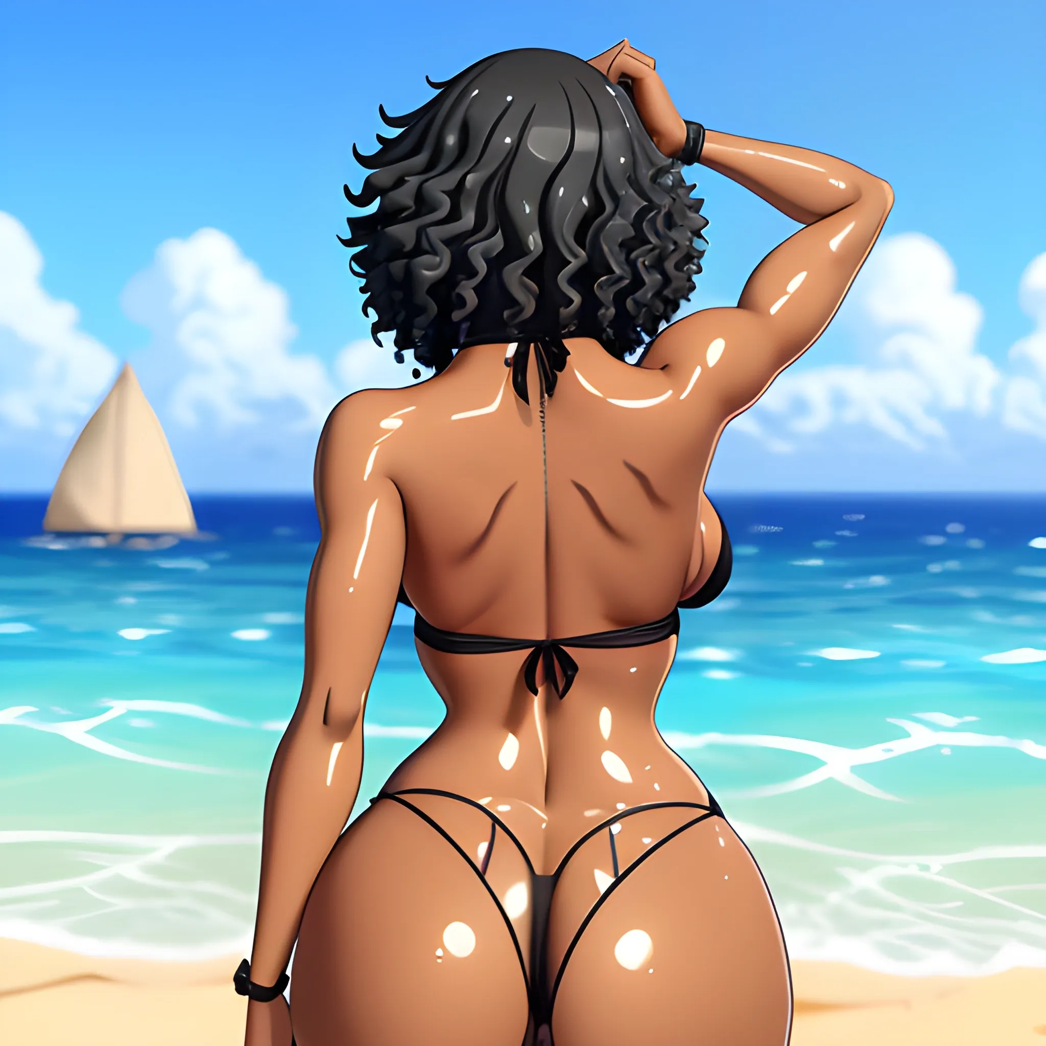 Anime,beach,rear view, blackskin,cute girl,black curly hair,cartoon,hand under big butt,black micro bikini, black choker, perfect face expressions, perfect anatomy, medium breasts, wide hips, thicc thighs, wet skin, beach, summer, bathing in the sea water, splashing water, extremely detailed CG, high detail, extremely detailed artwork, masterpiece artwork, shark in water

