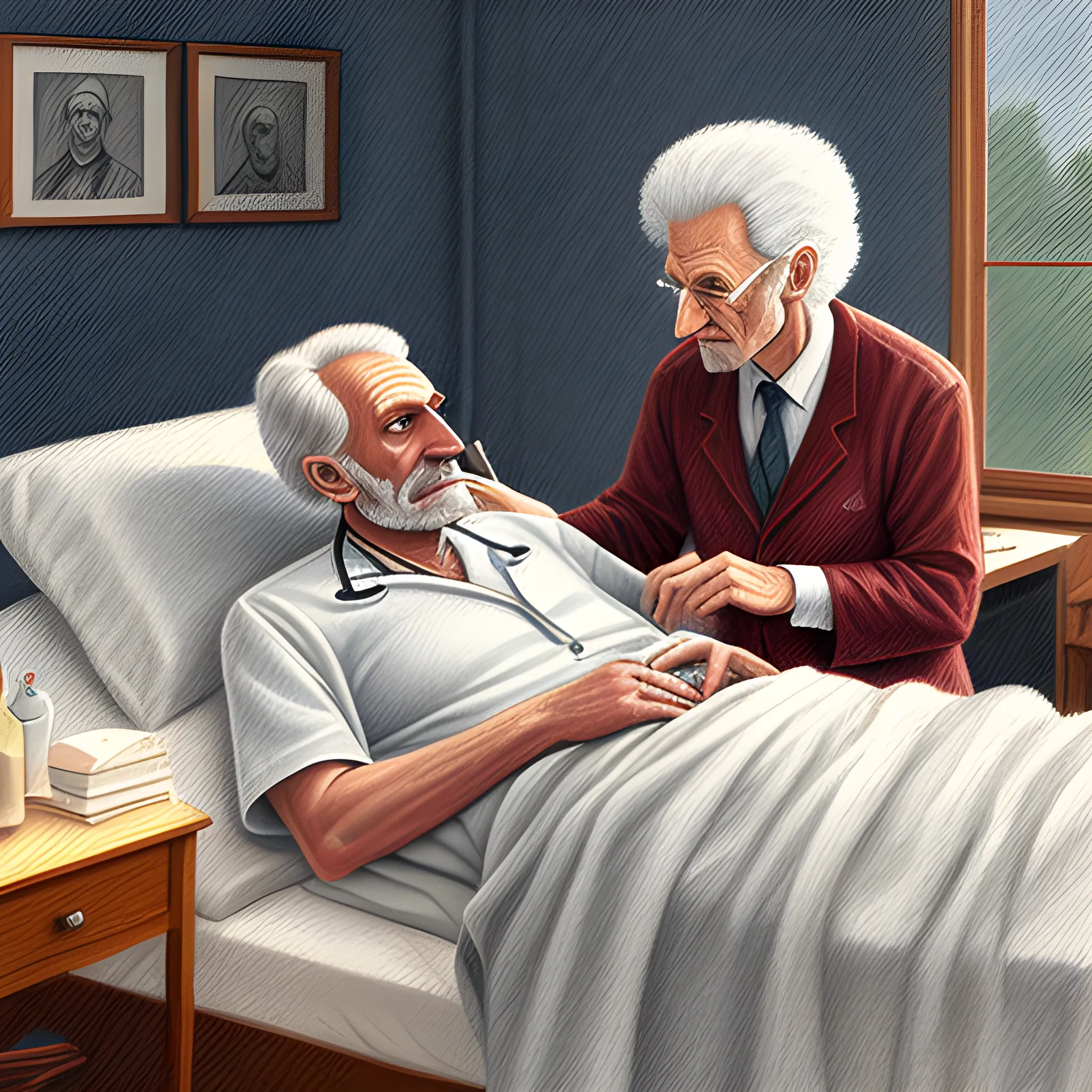 I need a digital illustration of a young doctor looking after and old Doctor on a sick bed, Oil Painting, Pencil Sketch, Pencil 