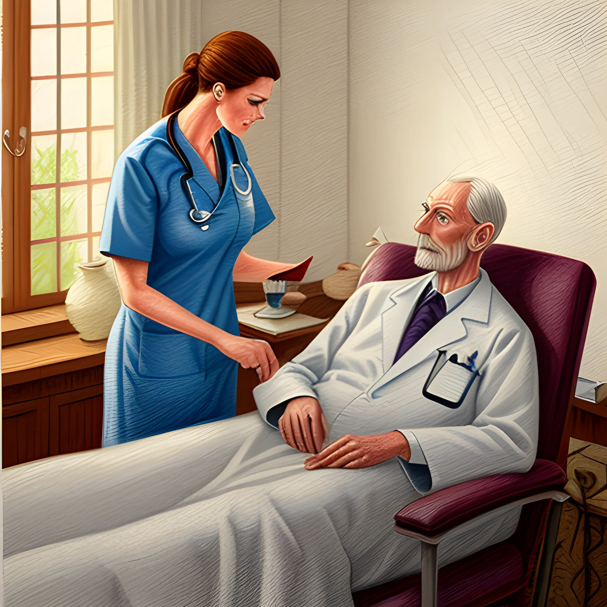 I need a digital illustration of a "young doctor" looking after and old Doctor on a sick bed, Oil Painting, Pencil Sketch, Pencil 