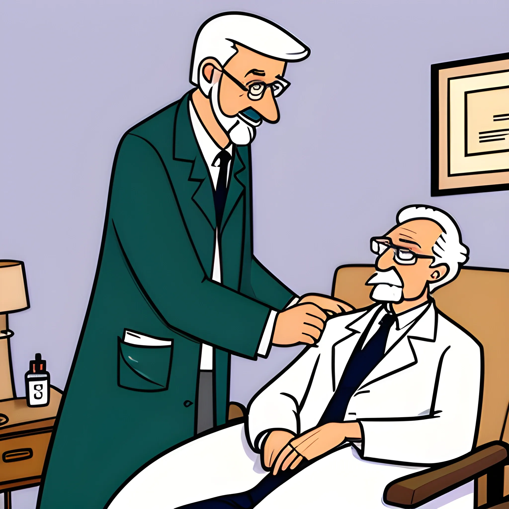 I need a digital illustration of a "young doctor " looking after and old Doctor on a sick bed , Cartoon