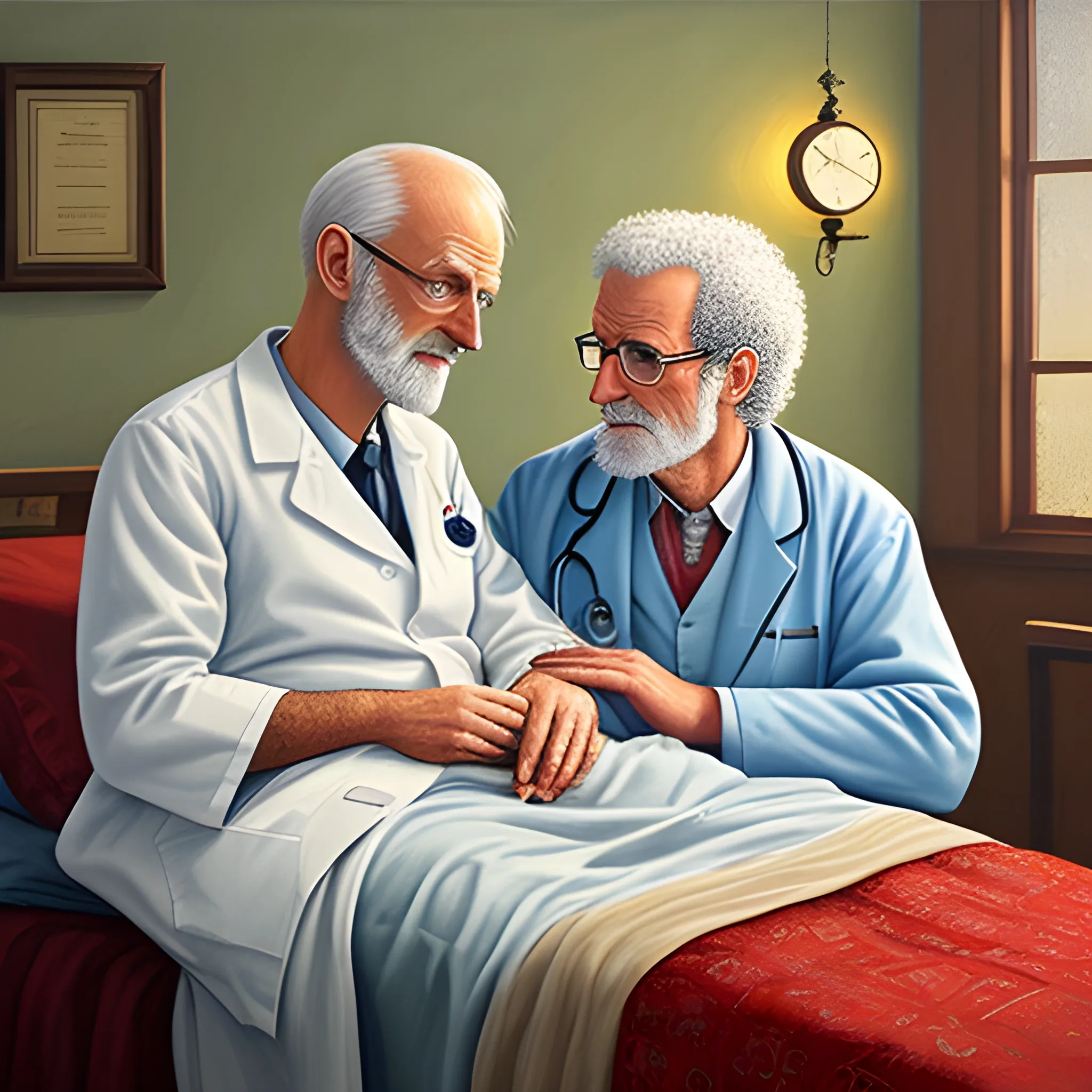 I need a digital illustration of a young looking doctor looking after and old Doctor on a sick bed, Oil Painting