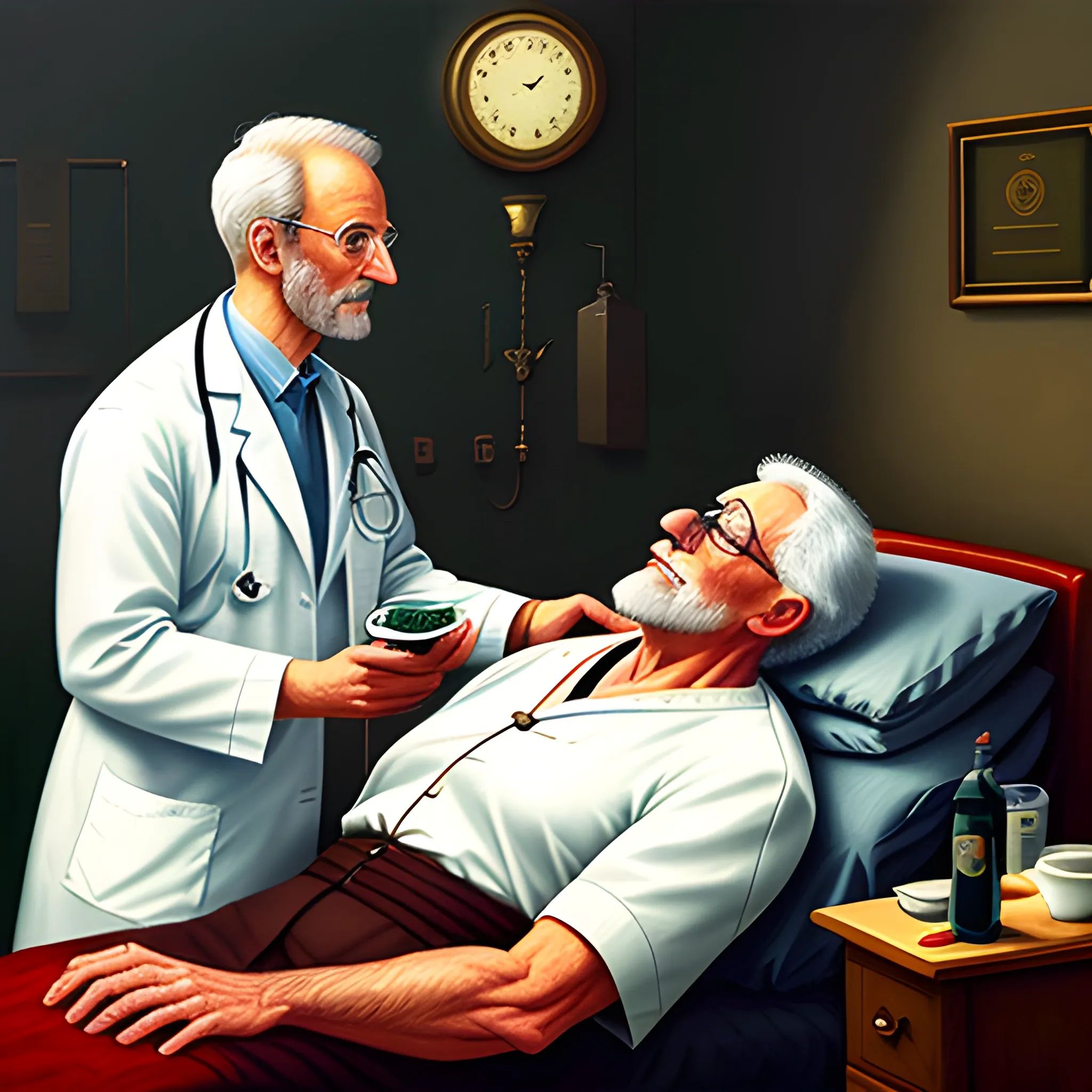 I need a digital illustration of a young looking doctor looking after and old Doctor on a sick bed, Oil Painting