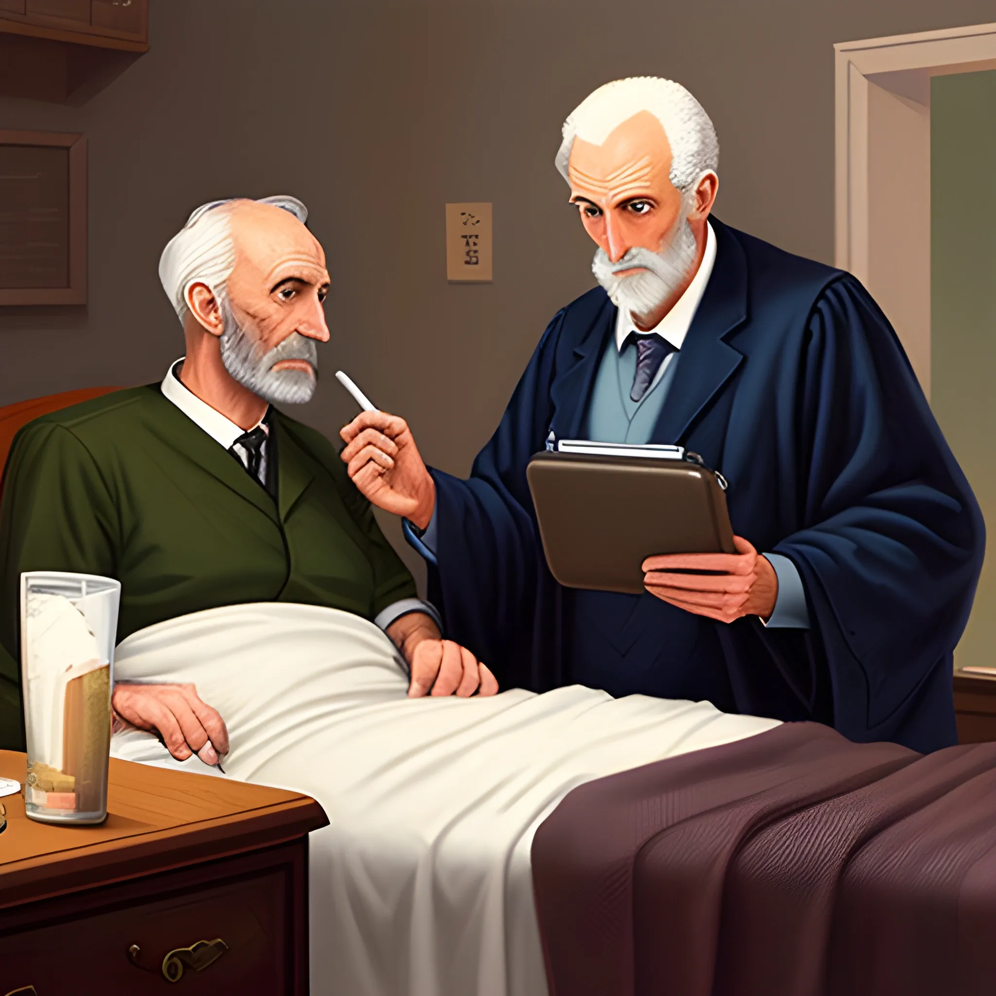 I need a digital illustration of a young looking doctor looking after and old Doctor on a sick bed, Oil Painting