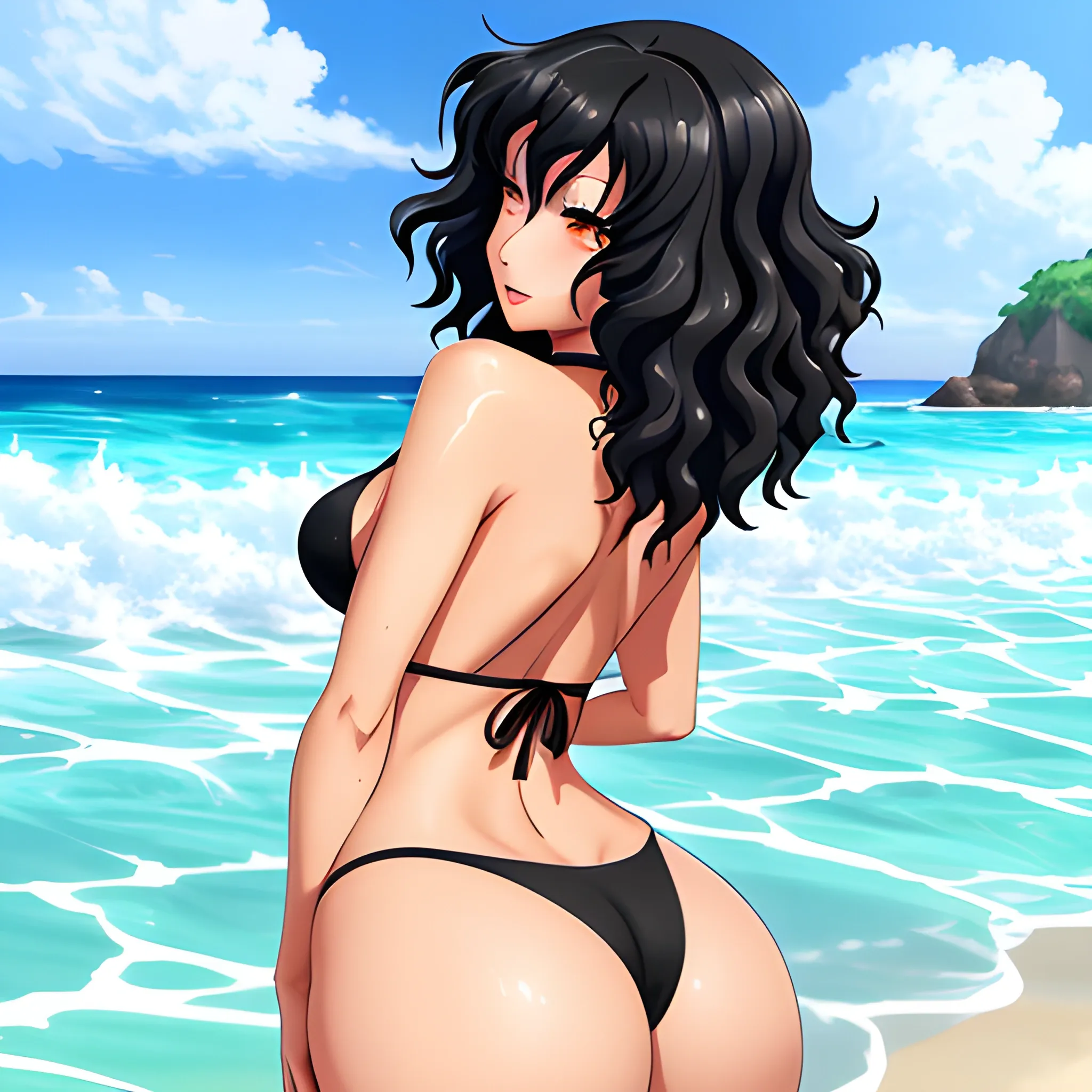Anime,beach,rear view,cute girl,cartoon,hand under big butt, 1 girl, black curly hair, black micro bikini, black choker, perfect face expressions, perfect anatomy, medium breasts, wide hips, thicc thighs, wet skin, beach, summer, bathing in the sea water, splashing water, extremely detailed CG, high detail, extremely detailed artwork, masterpiece artwork


