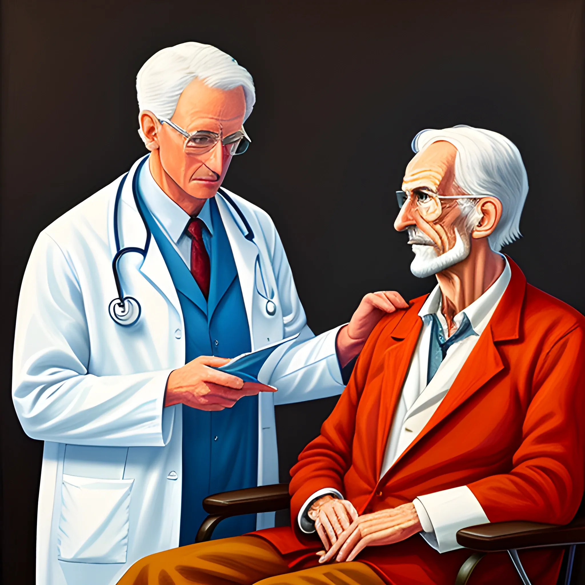 I need a digital illustration of a young looking doctor taking care of a old Doctor, Oil Painting