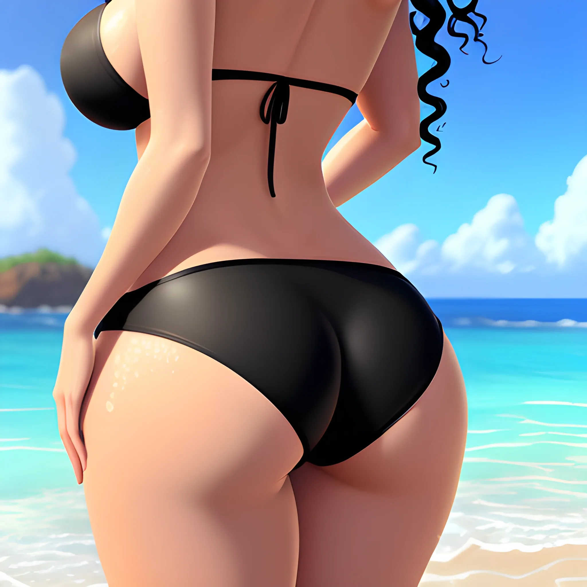 beach, rear view,cute girl,cartoon,hand under big butt, 1 girl, black curly hair, black micro bikini, black choker, perfect face expressions, perfect anatomy, medium breasts, wide hips, thicc thighs, wet skin, beach, summer, bathing in the sea water, splashing water, extremely detailed CG, high detail, extremely detailed artwork, masterpiece artwork

, 3D