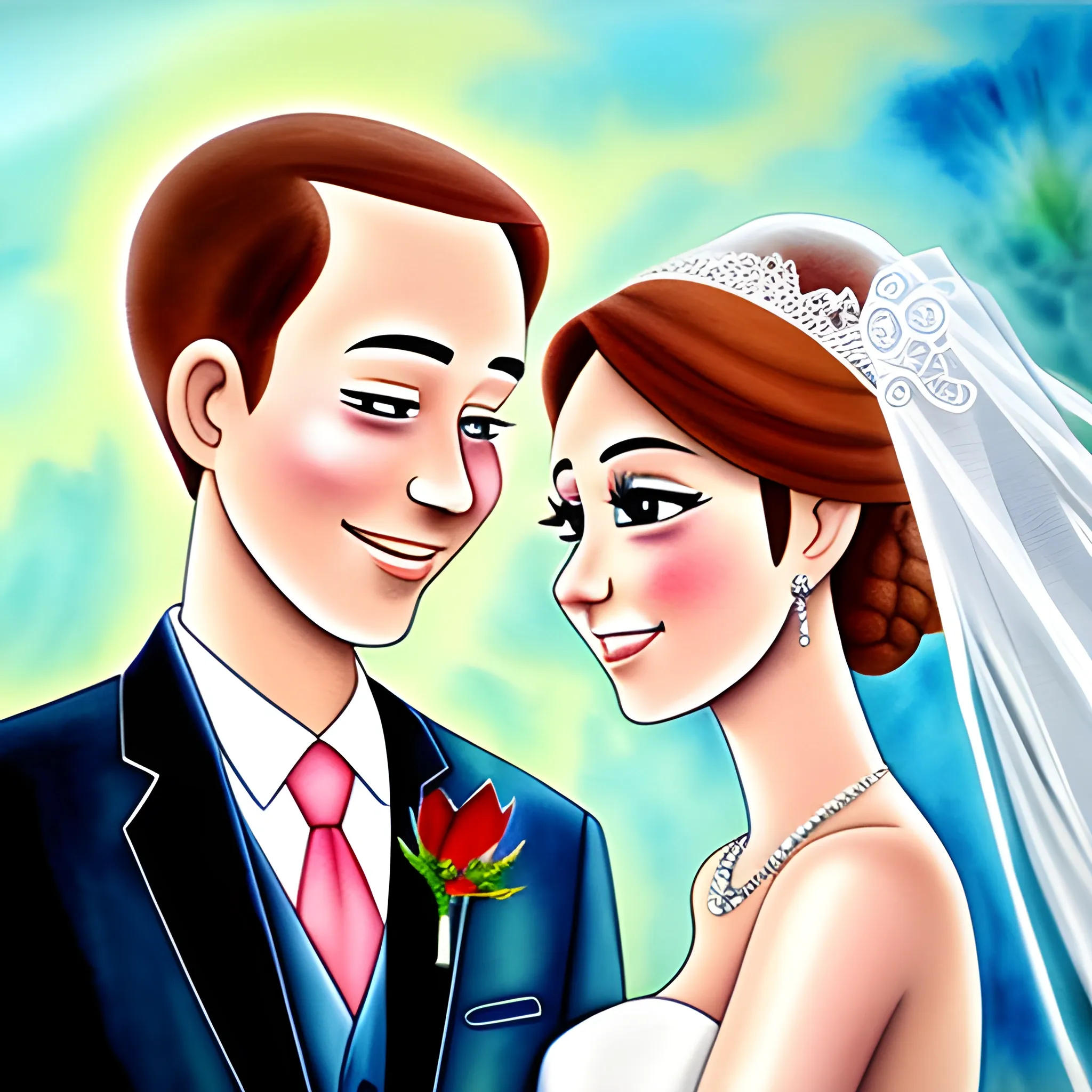 Wedding couple, high detail,, Cartoon, Water Color, Oil Painting