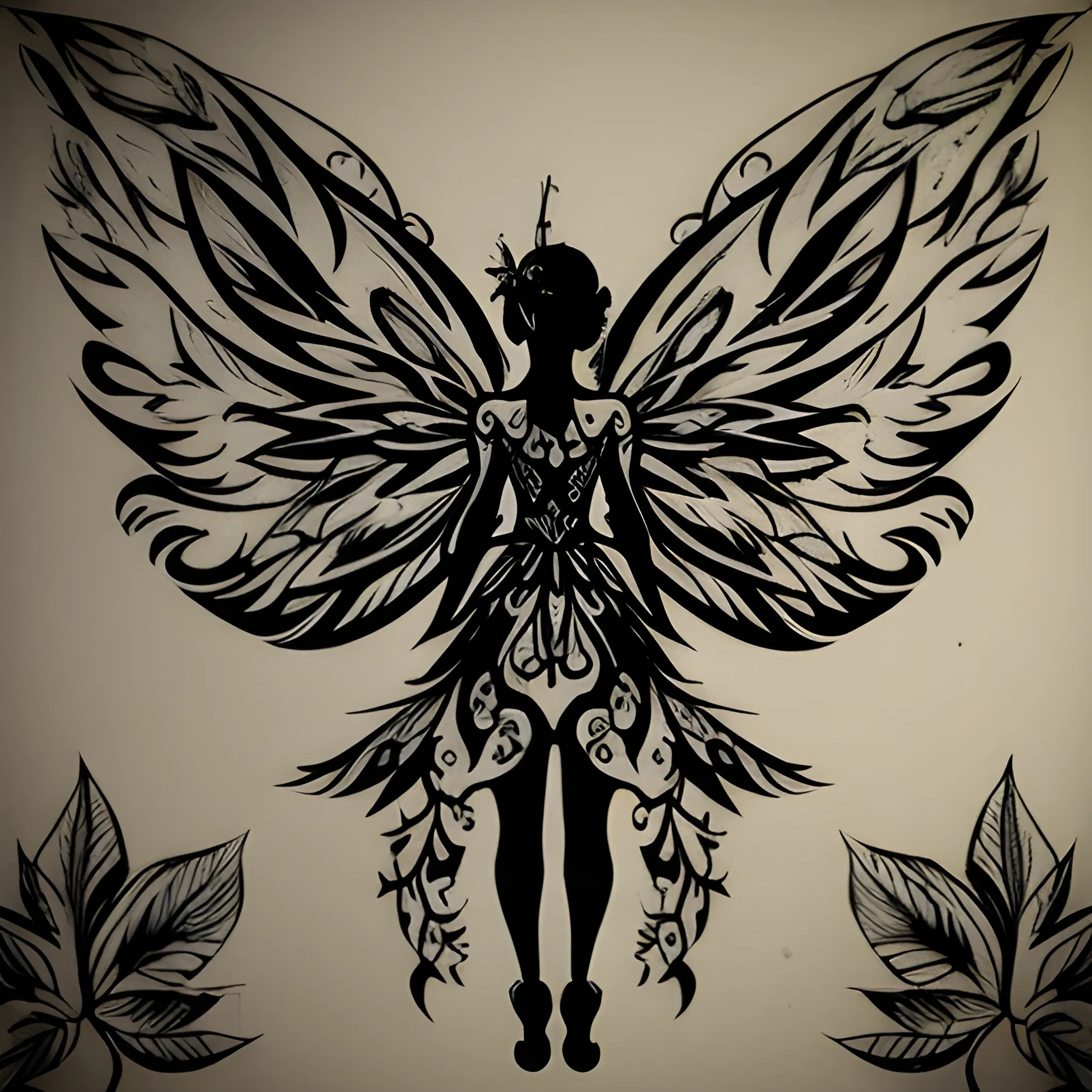 tatto design, tatto stencil, fairy, woods, nature, big wings - Arthub.ai