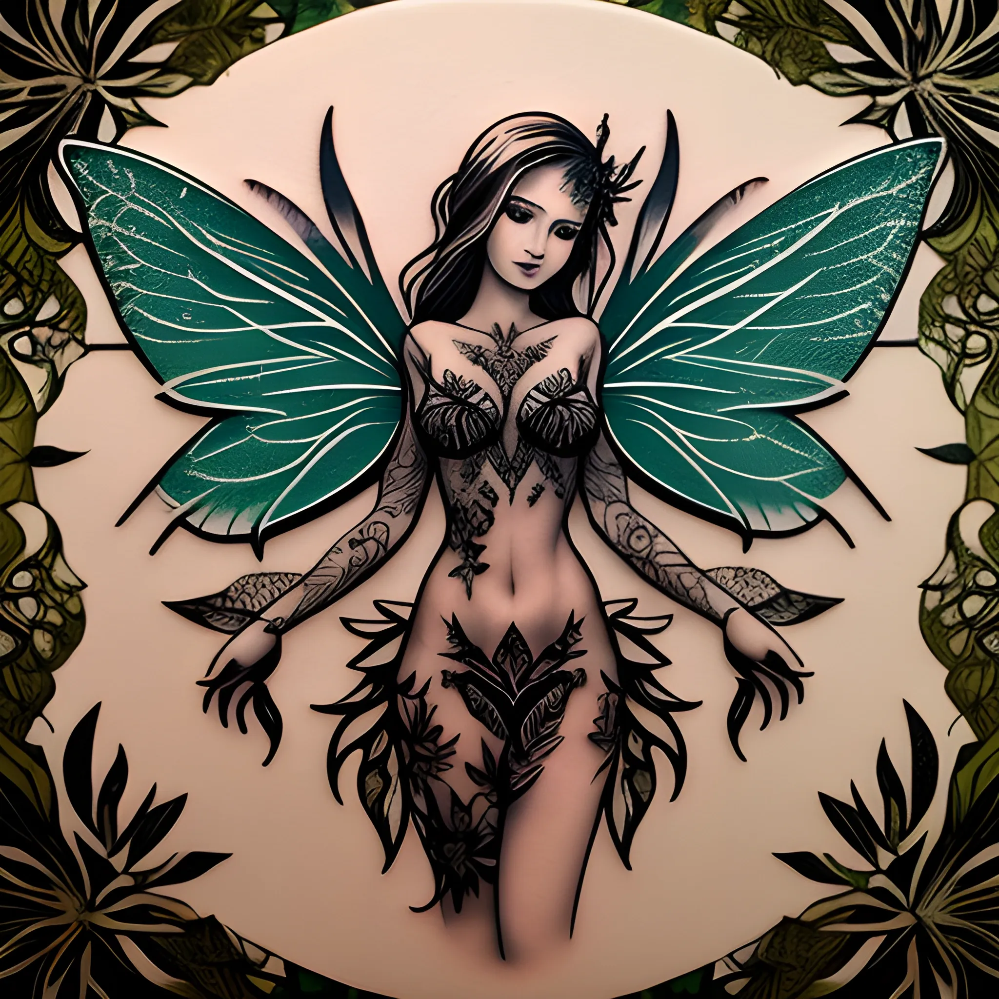 tatto design, tatto stencil, fairy, woods, nature, big wings, sensual women, half dressed
