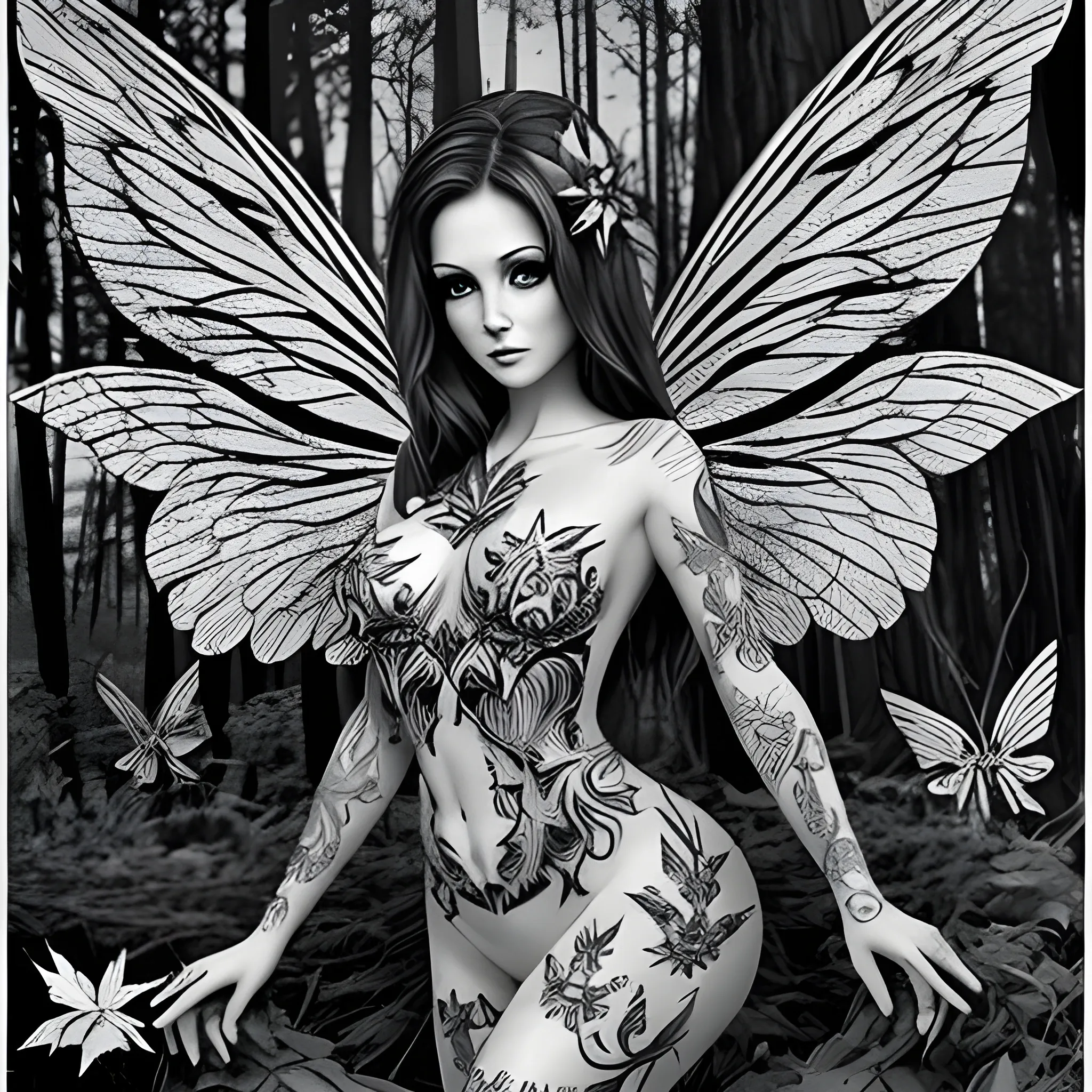 tatto design, tatto stencil, fairy, woods, nature, big wings, sensual women, half dressed, black and white drawing

