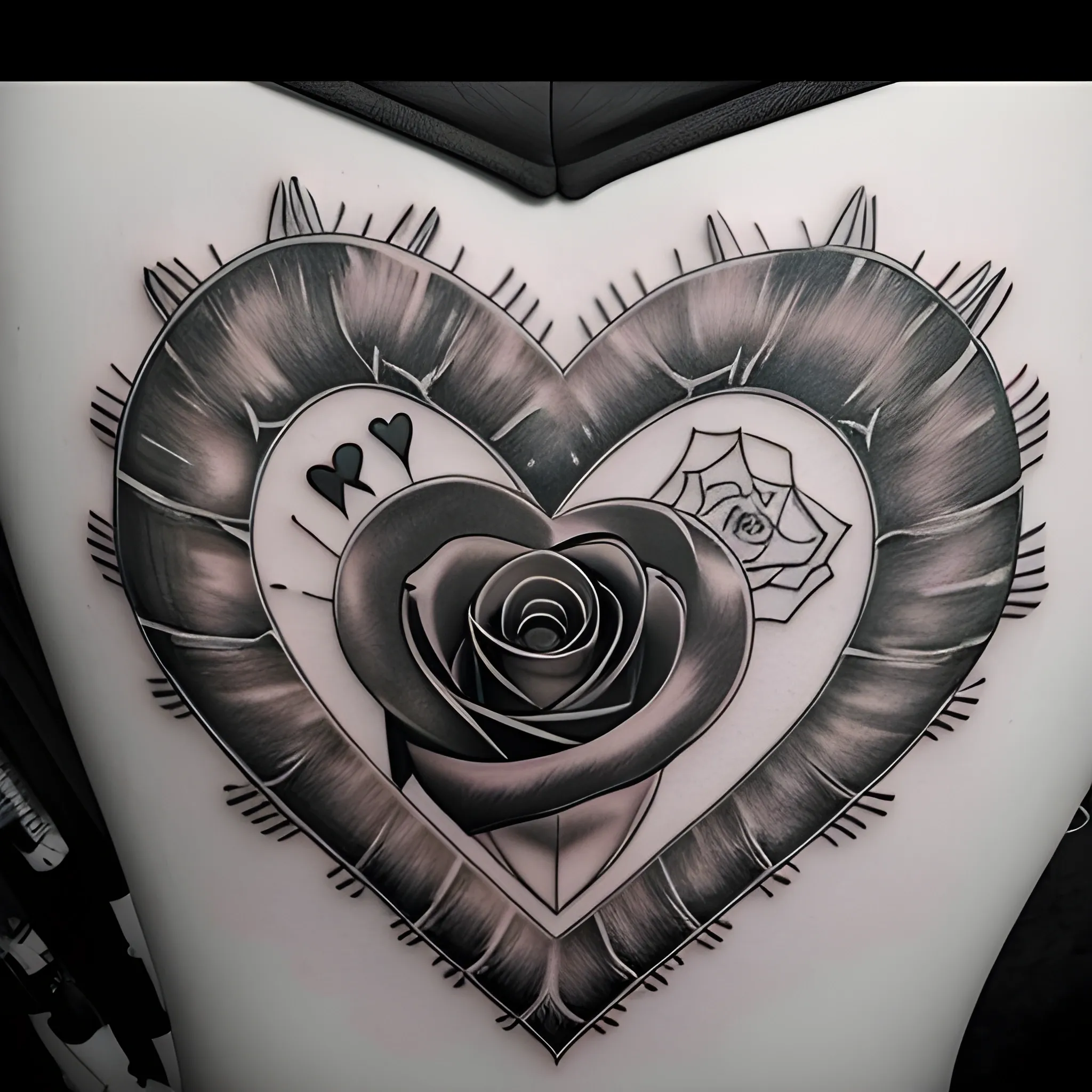 tatto desing, degital desing, white and black, heart made of spines witha rose in the middle