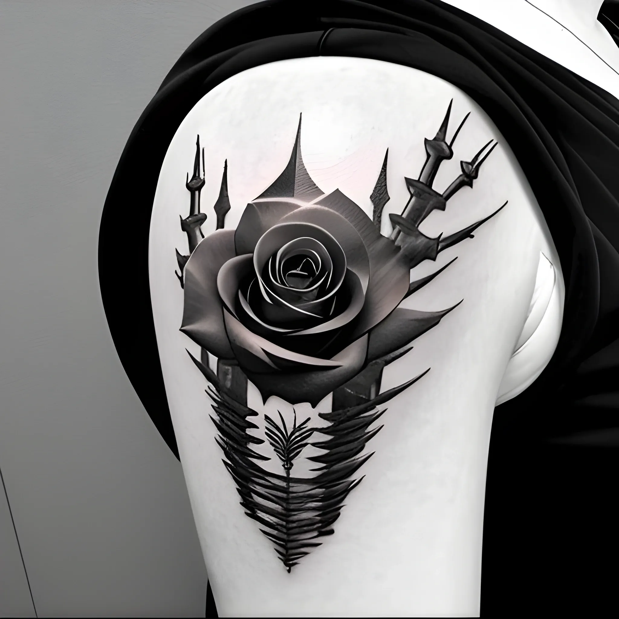 tatto desing, degital desing, white and black, heart made of spines witha rose in the middle, realistic
