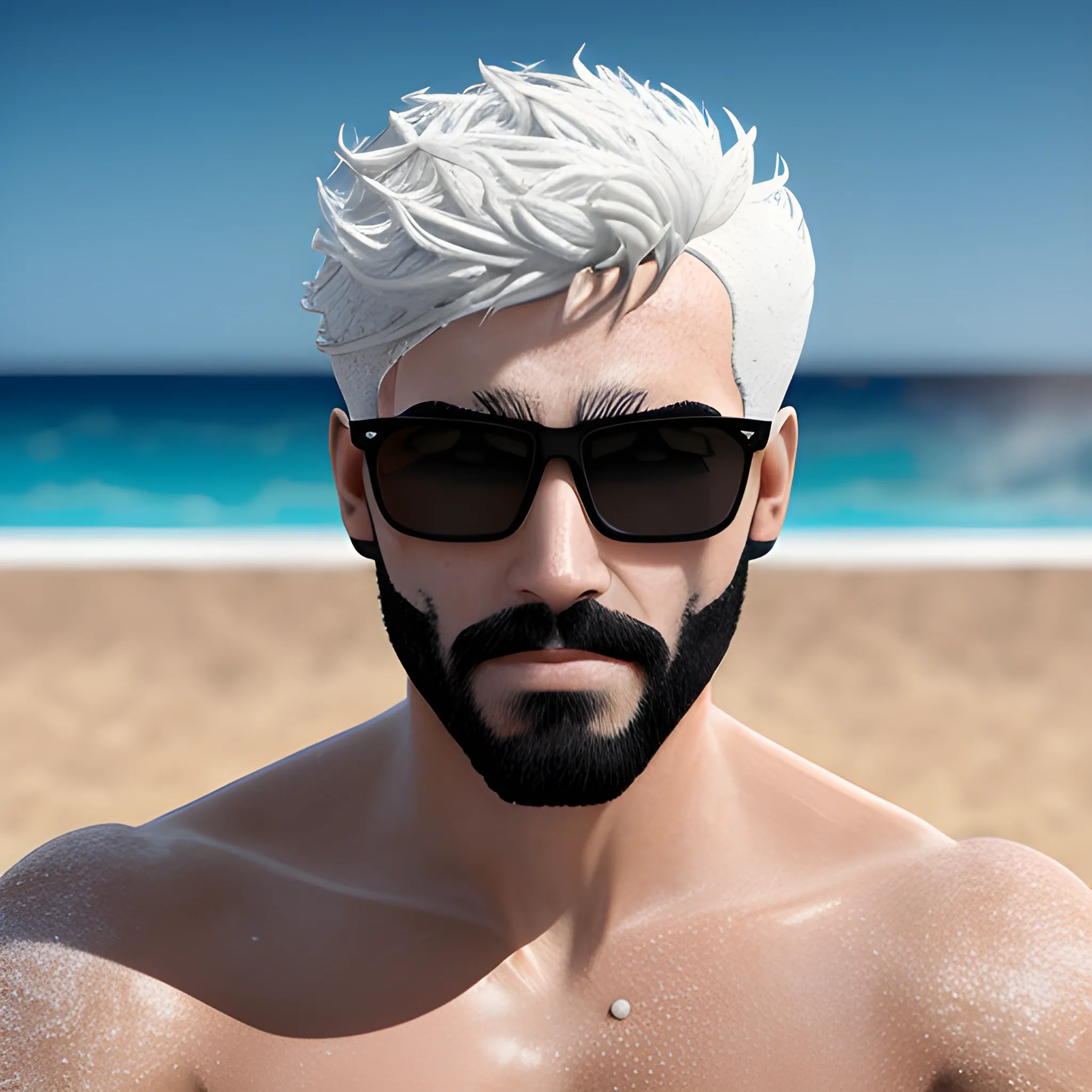 Un hombre guapo, con piel blanco, pelo negro, ojo negro, en una playa, soleado, en bañador de color negro liso, con la cara más o menos seria, 3D