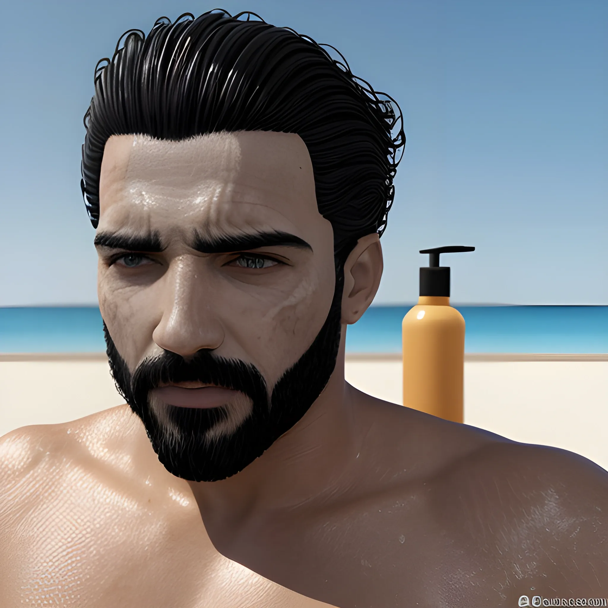 Un hombre guapo, con piel blanco, pelo negro, ojo negro, en una playa, soleado, en bañador de color negro liso, con la cara más o menos seria, 3D