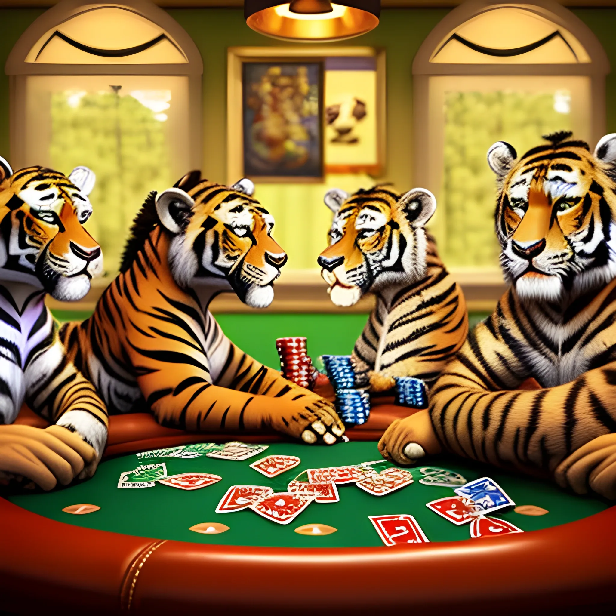 Tiger and cheetah and giraffe and a monkey playing poker  3D, Trippy, 3D, 3D, 3D