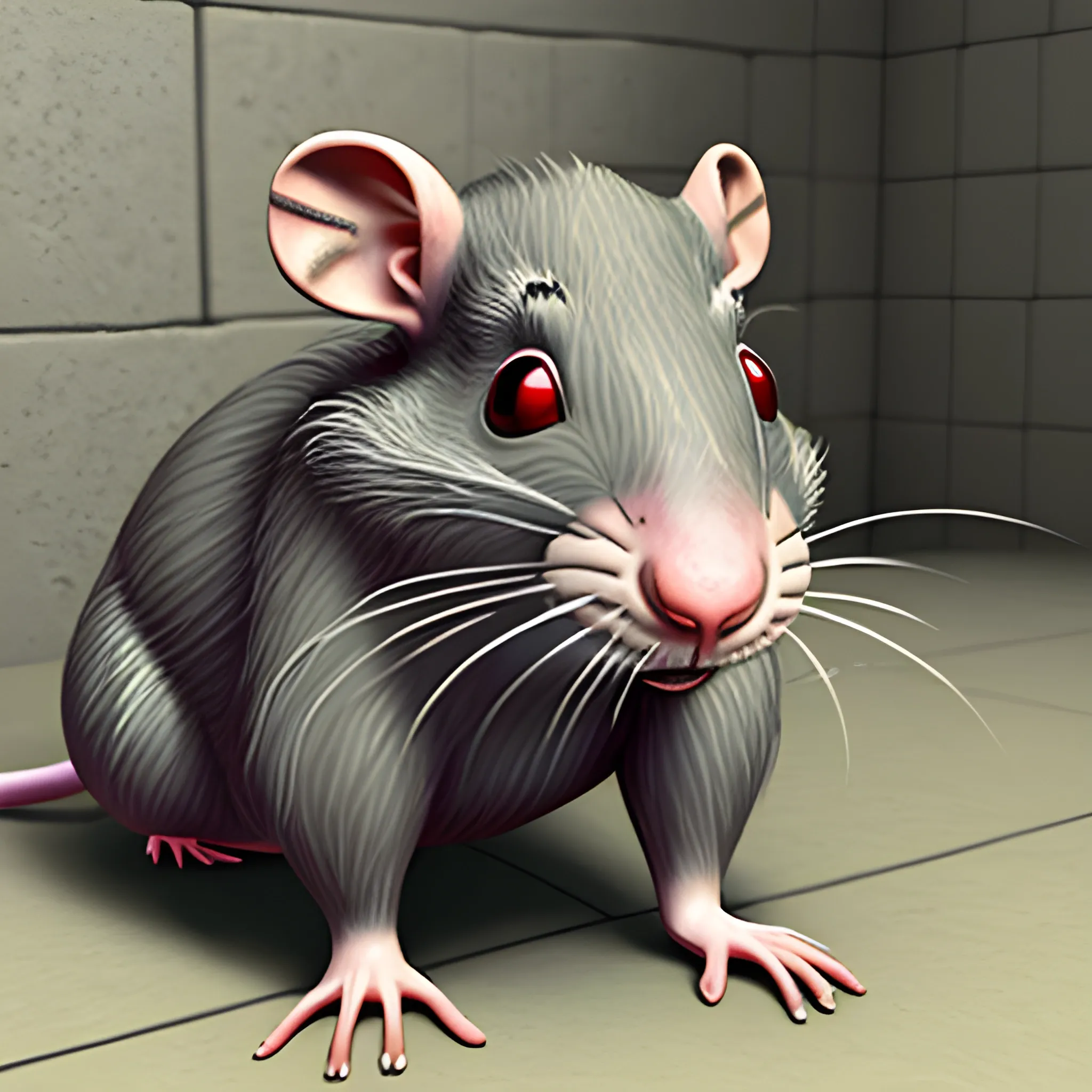 a complete rat behind in prison, 3D, Trippy, Oil Paintin, 3 d rendering. unreal engine. amazing likeness. very detailed. cartoon caricature, animated prisoner rat