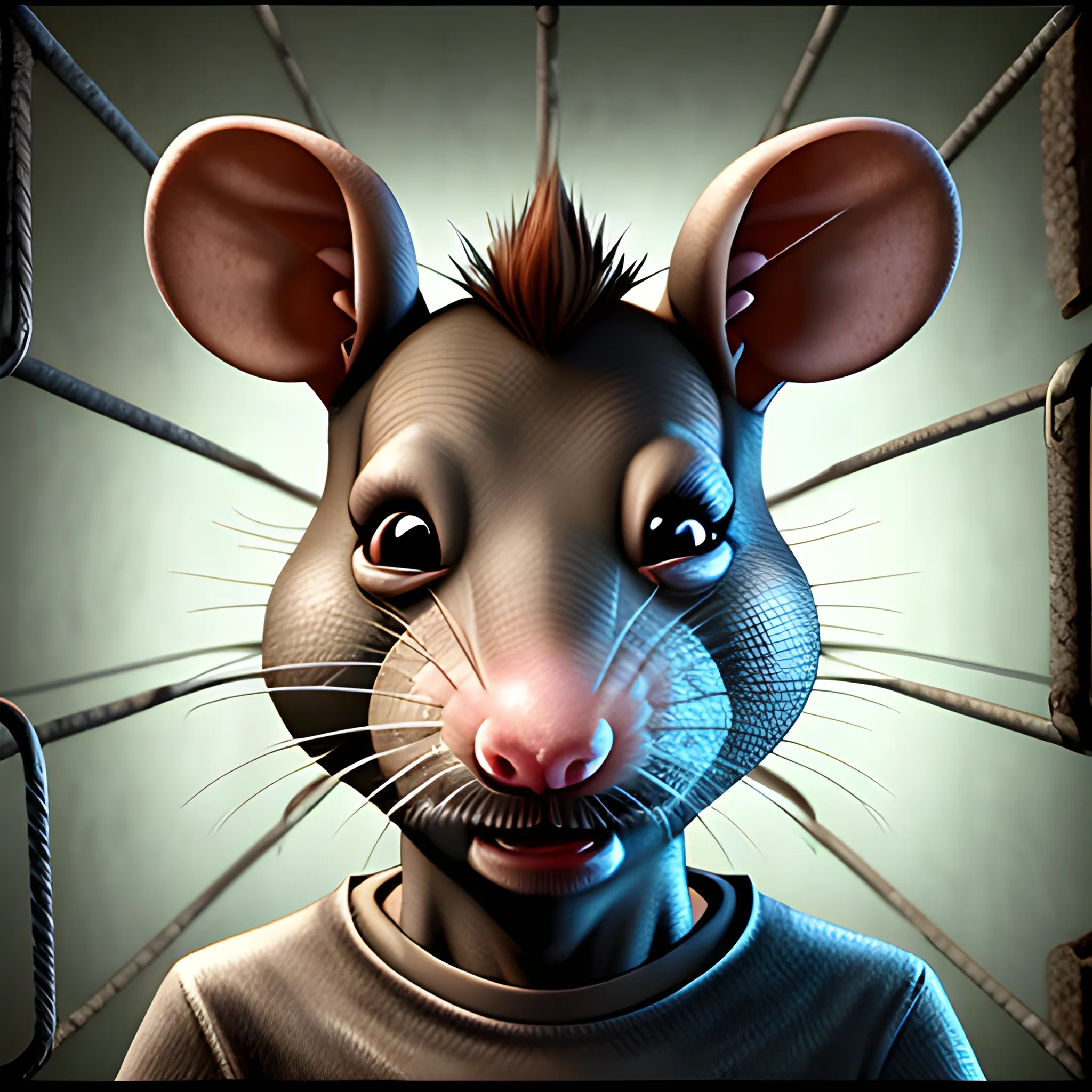 a complete rat behind in prison, 3D, Trippy, Oil Paintin, 3 d rendering. unreal engine. amazing likeness. very detailed. cartoon caricature, animated prisoner rat