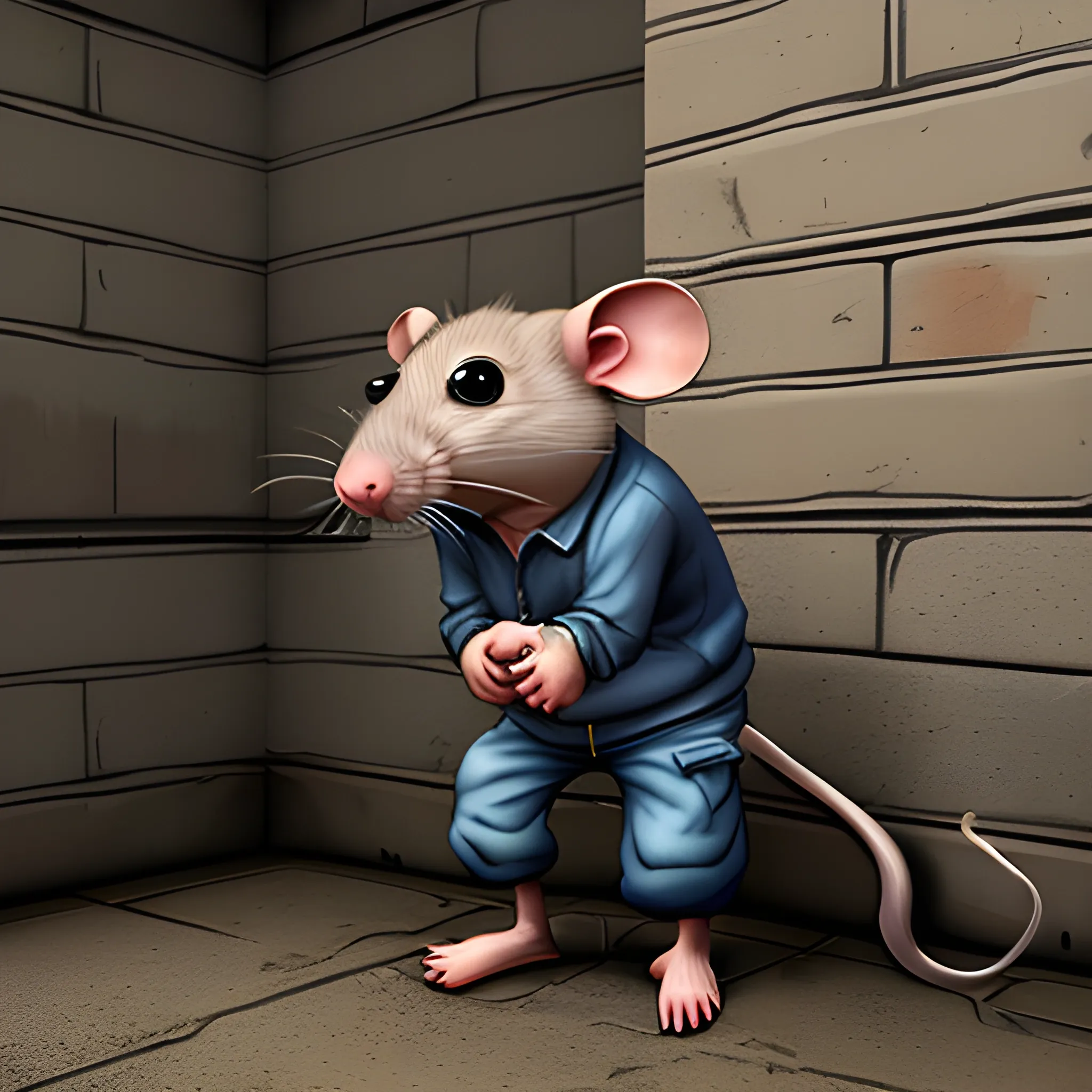 a complete rat behind in prison, 3D, Trippy, Oil Paintin, 3 d rendering. unreal engine. amazing likeness. very detailed. cartoon caricature, animated prisoner rat