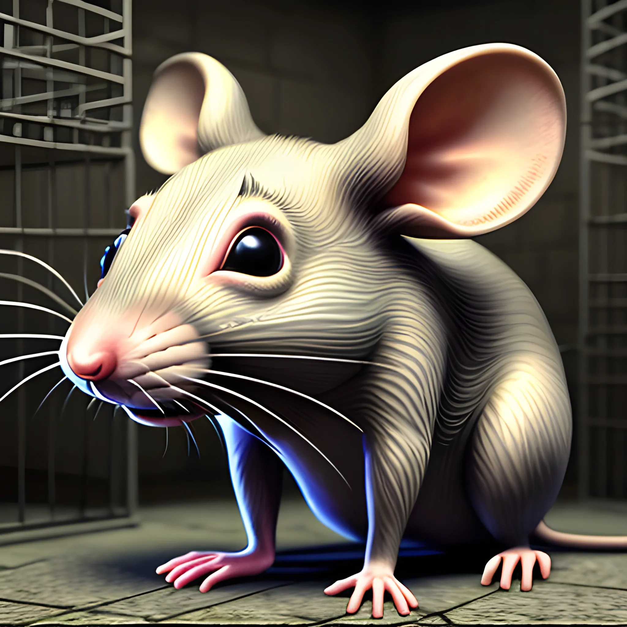 a complete rat behind in prison, 3D, Trippy, Oil Paintin, 3 d rendering. unreal engine. amazing likeness. very detailed. cartoon caricature, animated prisoner rat