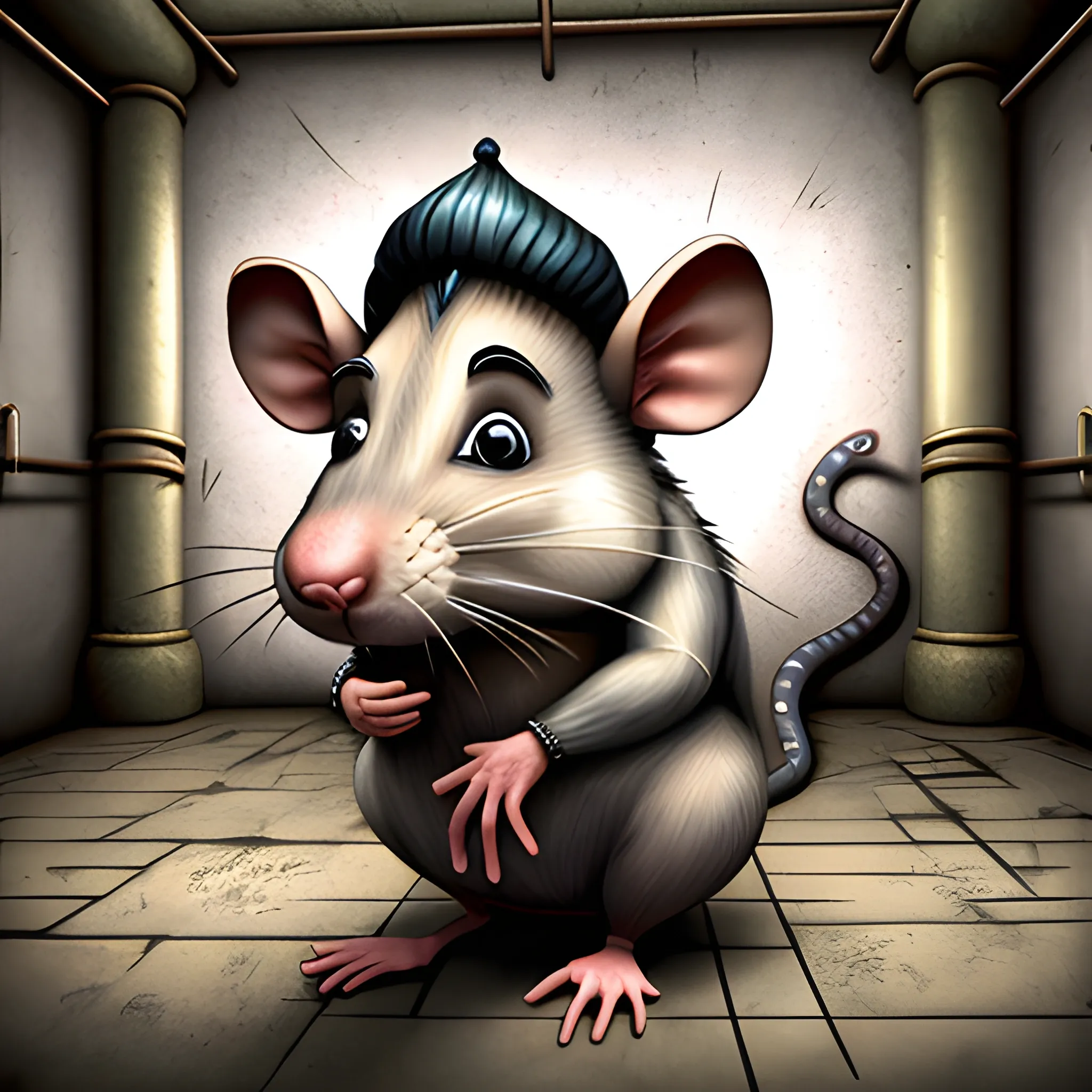 a complete big rat behind in prison, 3D, Trippy, Oil Paintin, 3 d rendering. unreal engine. amazing likeness. very detailed. cartoon caricature, animated prisoner rat