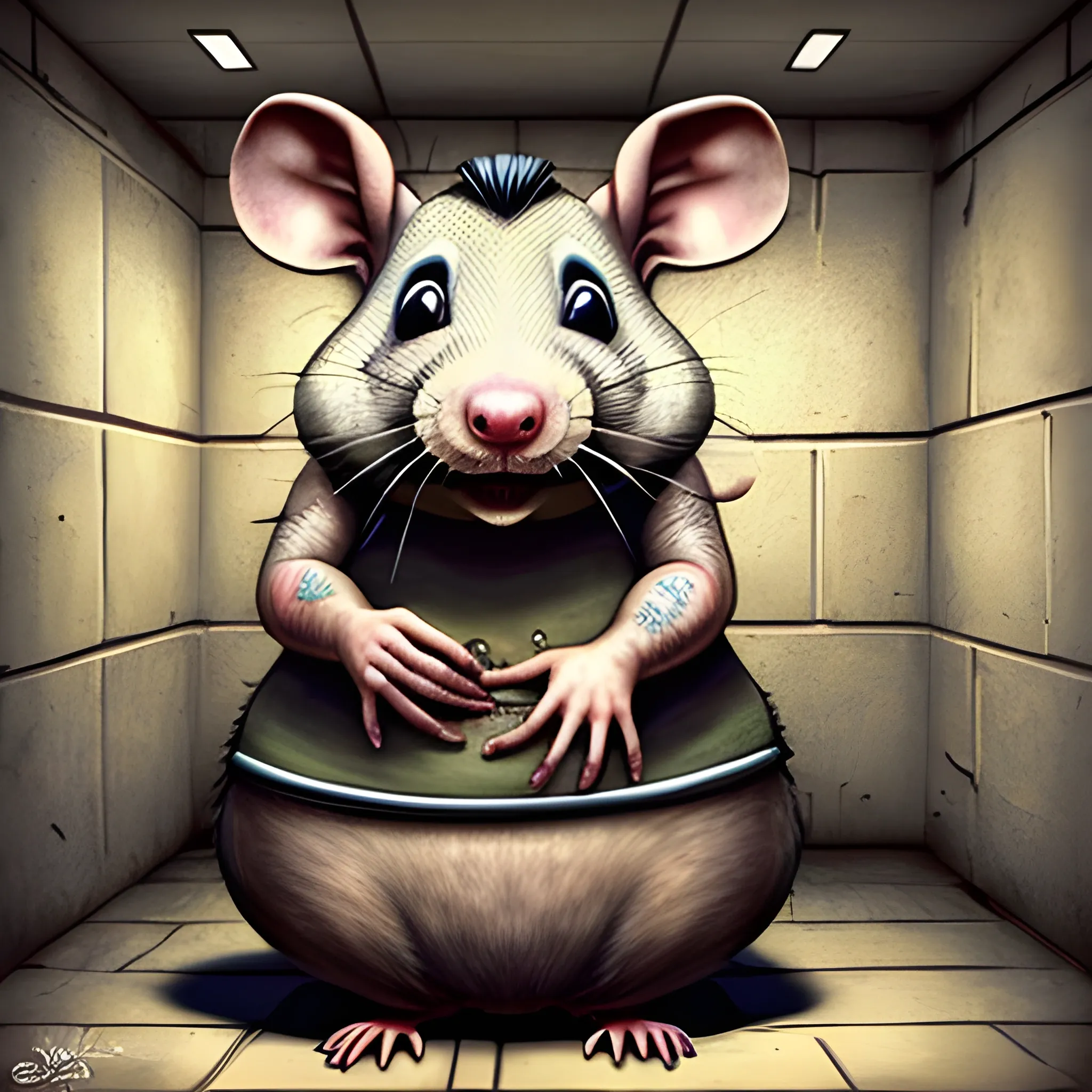 a complete big rat behind in prison, 3D, Trippy, Oil Paintin, 3 d rendering. unreal engine. amazing likeness. very detailed. cartoon caricature, animated prisoner rat