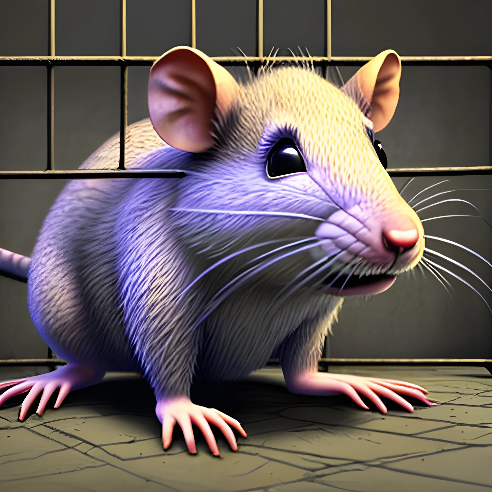 a complete big rat behind in prison, 3D, Trippy, Oil Paintin, 3 d rendering. unreal engine. amazing likeness. very detailed. cartoon caricature, animated prisoner rat