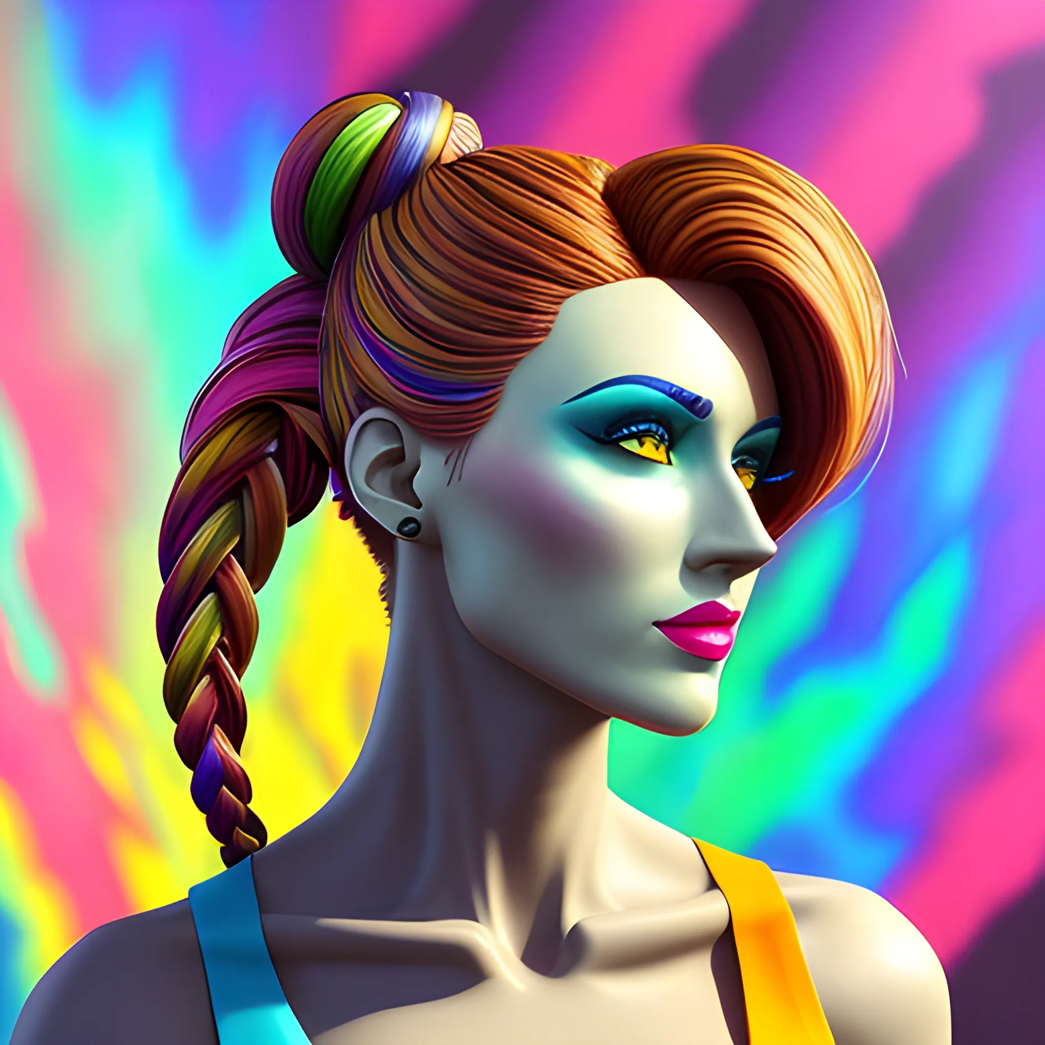 masterpiece, best quality, vivid colors, (((lilacs))), girl, more_details:0.6, more prism, vibrant color, ,brown hair, slanted eyes, single hair bun, braid, short hair up,1girl, dress, 3D, Trippy