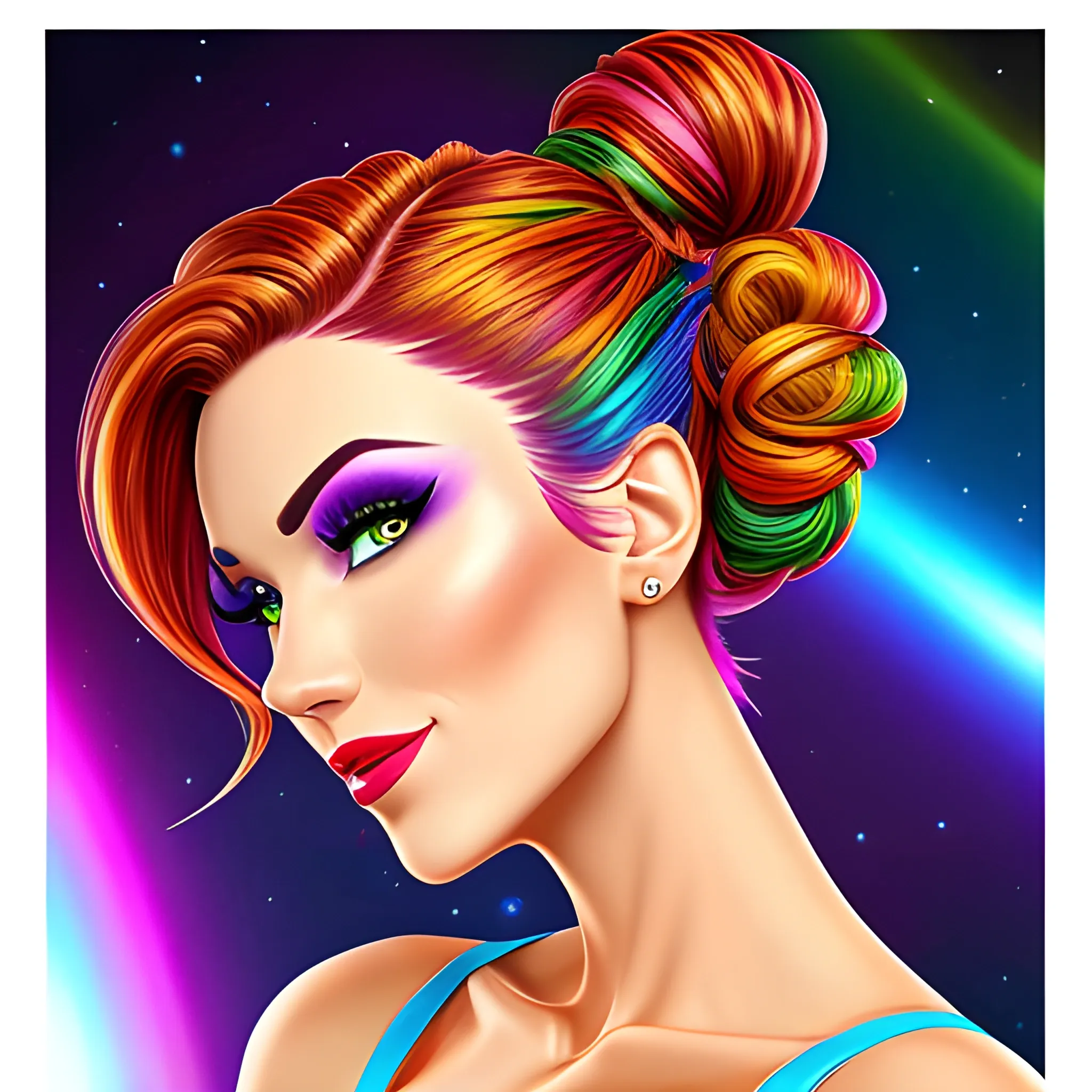 , Cartoonmasterpiece, best quality, vivid colors, (((lilacs))), girl, more_details:0.6, more prism, vibrant color, ,brown hair, slanted eyes, single hair bun, braid, short hair up,1girl, dress