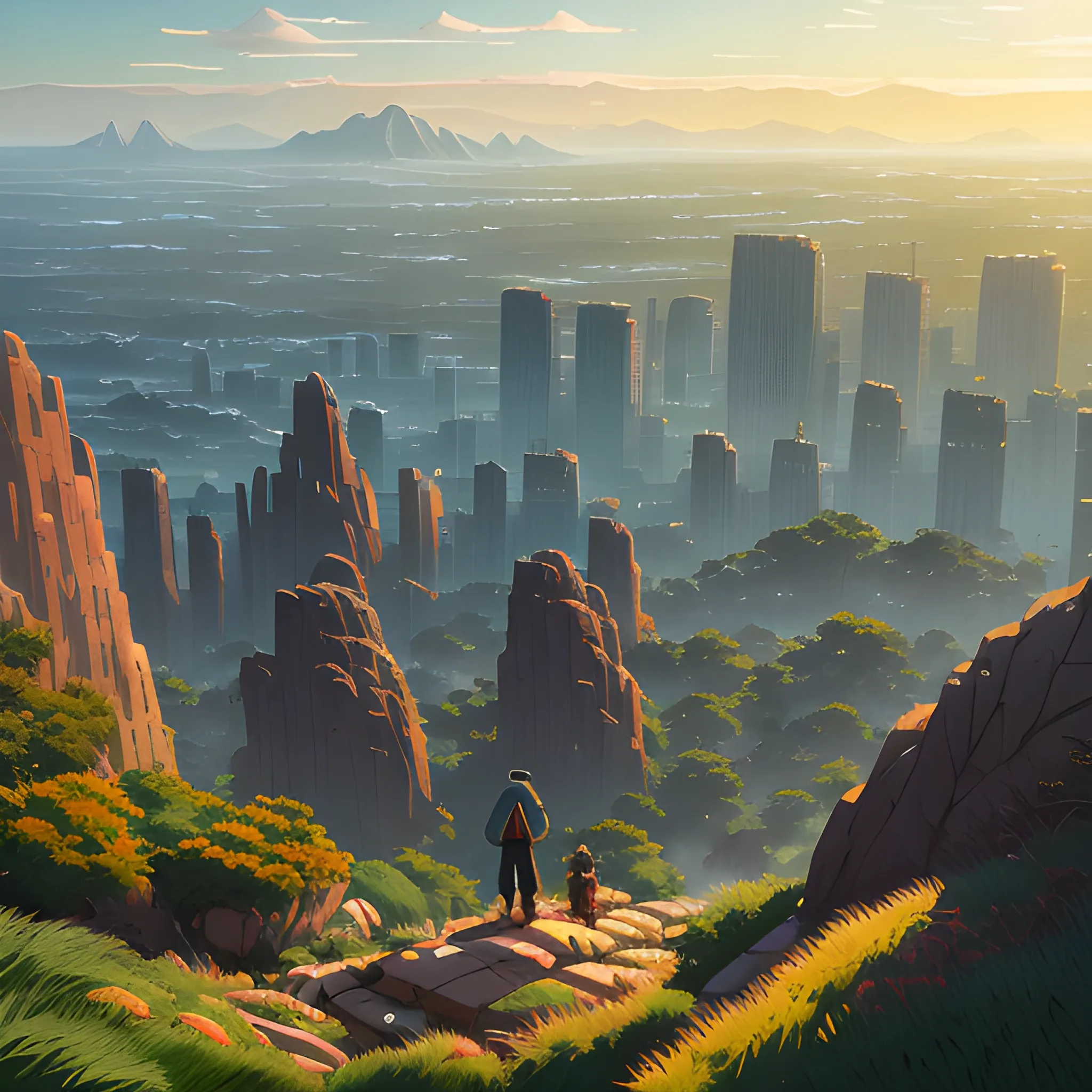 City, a top view of a giants rocks, grasses... in the style of makoto shinkai and greg rutkowski and albert bierstadt and james gurney